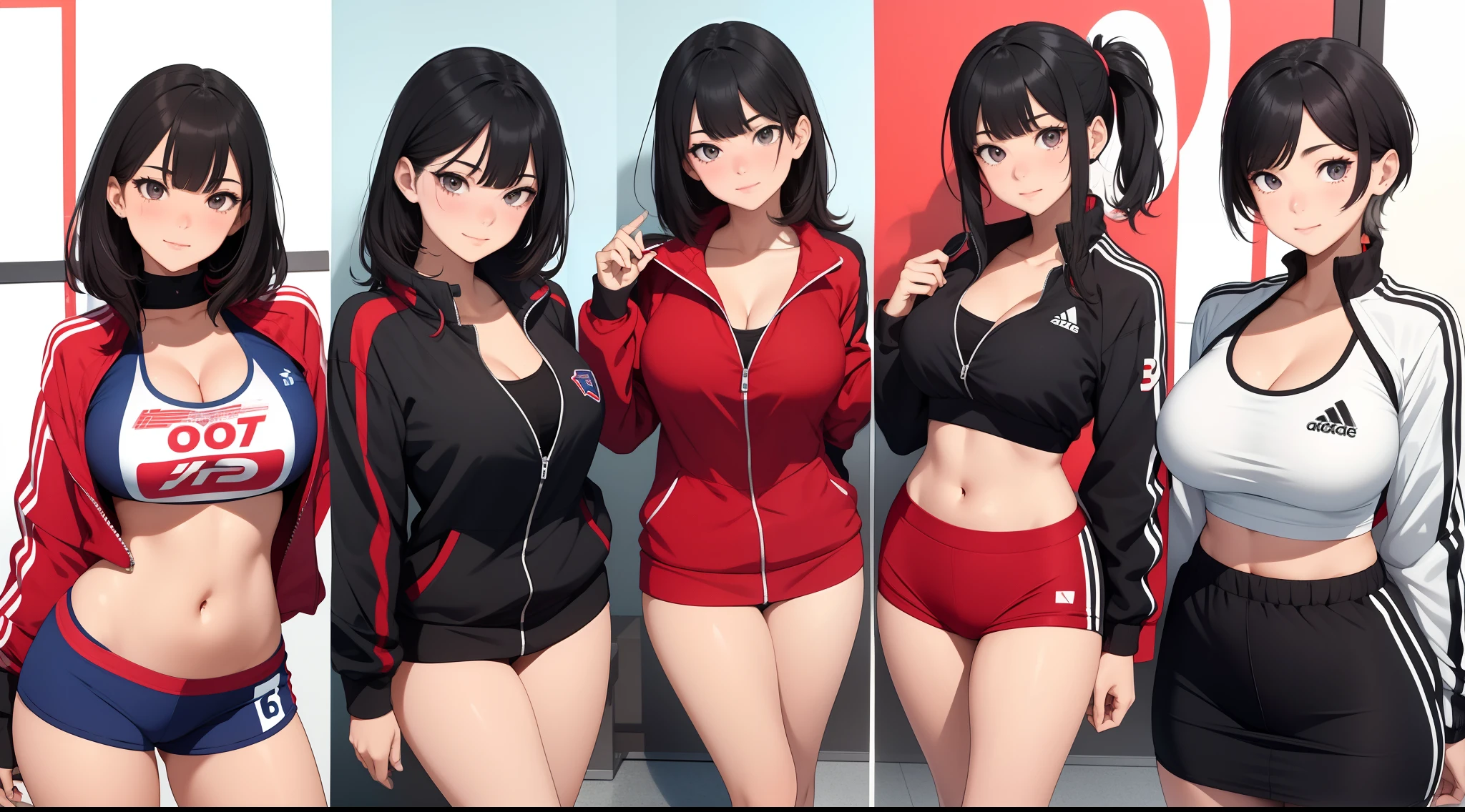 (Best quality:1.1), (Masterpiece:1.2), 5 girls，track suit，are standing，Highqualityshadow, Beautiful detailed, Beautiful face, Detailed eyes,Depth of field, A high resolution, Best shadow, Best illumination, Kizi, view the viewer, （Five-color hair:1.3)，Brush cut，extra very short hair, Blunt bangs, Long hair, Black eyes, Shy, Large breasts, Miniskirt, Volleyball hall，inside in room，Exercise posture， Sunburn，Boo marker，cleavage，looks into camera，ssmile，closeup cleavage，Superskirt