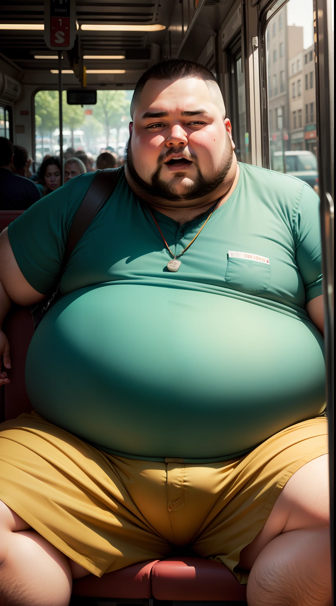 Fat man inside a bus full of people portrait