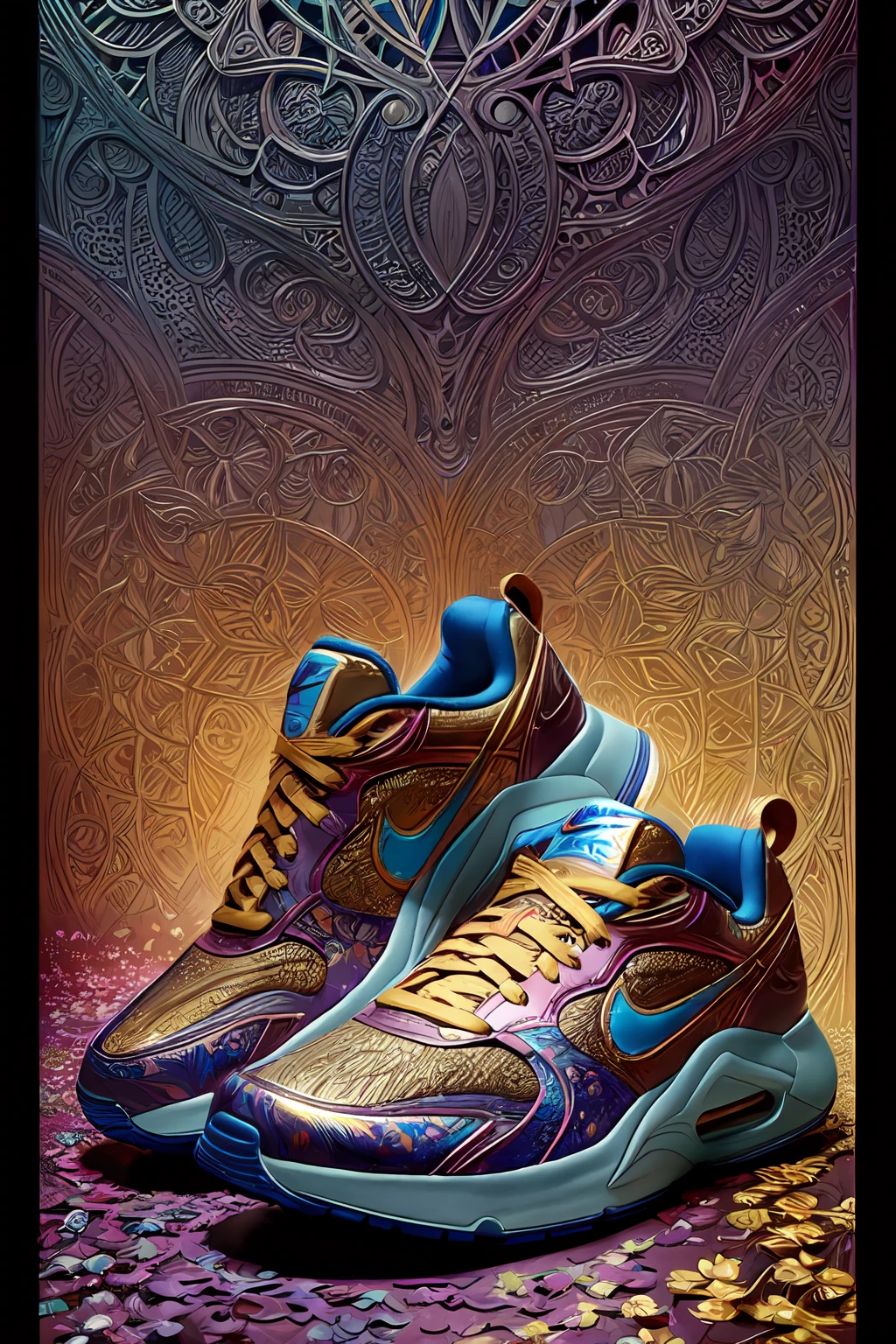 a stunning interpretation of
nike shoe sneaker made of
petals, advertsiement,
solarpunk, highly detailed and
intricate, golden ratio, very
colorful, hypermaximalist,
ornate, luxury, elite, good
vibes, oil painting, cinematic,
cgsociety, James jean, Brian
froud, ross tran