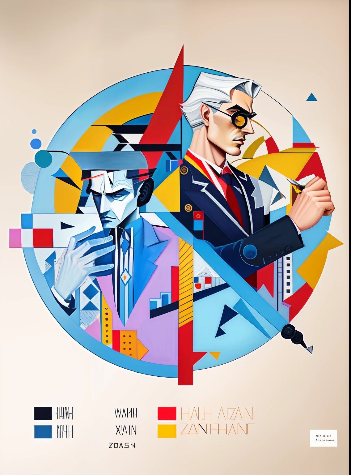 Draw a man in a suit with a knife and a knife in his hand, Bauhaus style painting, Inspired by Wyndham Lewis, Inspired by Ruth Dekader, Inspired by Richard Randolph Rubinstein, Inspired by Tom Wesselman, Inspired by Vasily Kandinsky, inspired by Larry Zox, Inspired by Hans Asper, Inspired by Joseph Navratil