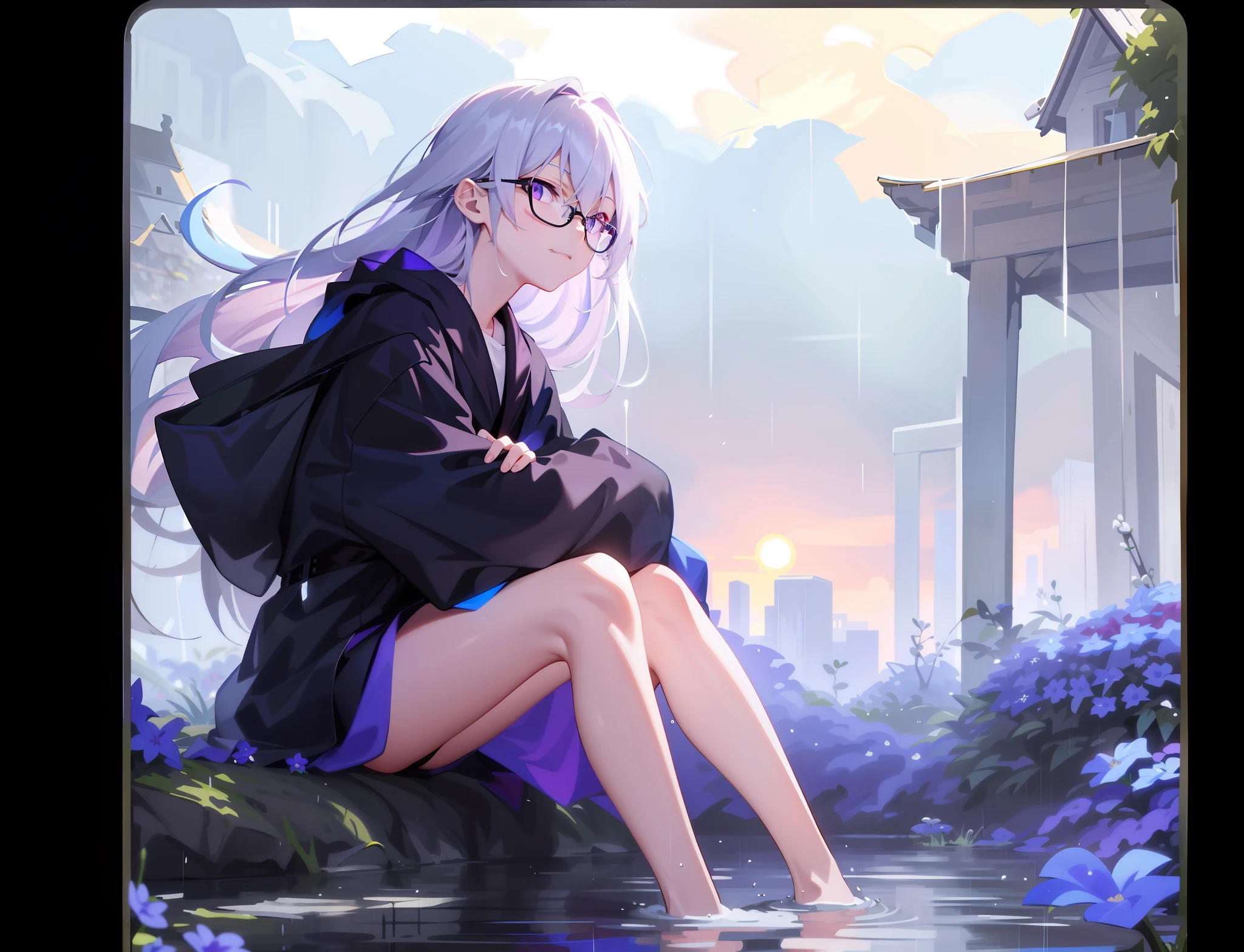 bevel, Low angle, shot from a far distance,Don't take things,Contrast,Back shadow,One guy,One guy,15-year-old girl,teens girl,First Life,swordsman,wears glasses,bluish violet eyes,Violet eyes,largeeyes,White emanates,long whitr hair,The barefoot,Sitting by the sea,feet in water,Blackn clothes,It was raining heavily, My long hair is wet,In the countryside,Stand under the willow tree,Under the green willow tree,Surround yourself in a self-forgetful way,Small purple flowers,Isolated from distant places,Squint at people with contempt,slanty eyes,slanty eyes,Cold and arrogant personality,The temperament is ethereal like a fairy,Stand in the rain and watch the world of red dust,Look at the world in the corner,great outdoors,It's hard to fix,It's hard to fix,It's hard to fix,Get away with it,Purple eye,The robe mops the floor,Look away from people,Bite your lip lightly,apathy,Sassy,There is divinity,Small animals,kosmos,starrysky,城市,Contemptuous eyes,the sunset