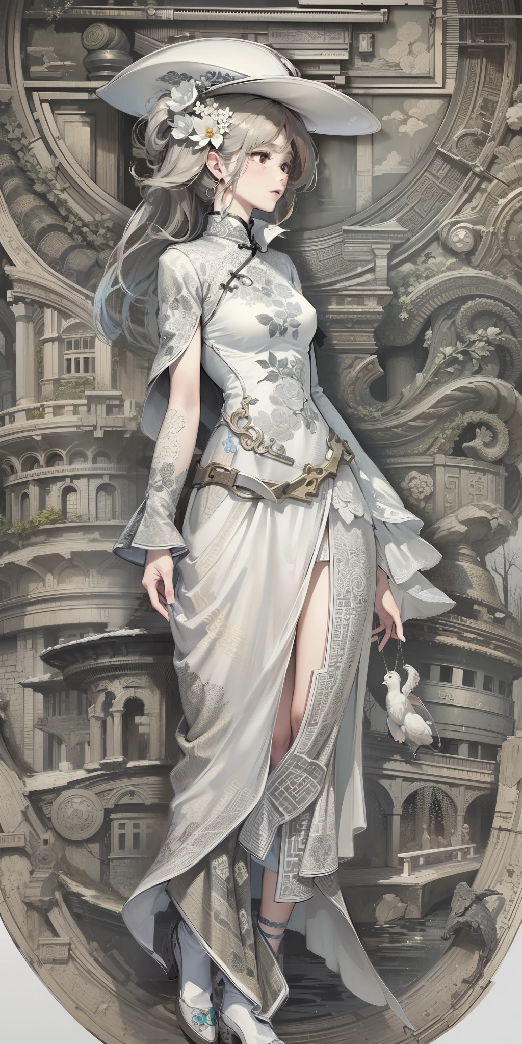 (White background,Cyberpunk city:1.45),(A girl,Solo,Cowboy shot,Wear a highly detailed patterned embroidered cheongsam:1.45),Colored pencil painting,Rough sketch of monochrome,Detailed and complex line sketches,Textile art,Fiber optic combination,Legend,mito,in wonderland,in wonderland,off-world,Mechanical parts are stacked with intricate details,Travel through time,brush,Flash oil,Oil painting,Ink oil,(William Morris,Michelangelo Buonarroti,Raphael Monti,Antonio Coradini,arts and crafts movement,Intricate patterns,Intricate details and patterned clothing,Fractal geometric pattern,Discrete geometric embroidery,Design in myth and legend style, wallpaper art, Textile creation,tribal patterns,indigenous art,Cultural themes, Bold design,Expressive symbolism,Ancient traditions),delicate patterned,Fractal geometry,Vector tracing,Ink painting,Tentacles,lace edge,Garment folds,Best light,full light,highly detailed wallpaper,One scene to the end,The first night of summer, It started to rain lightly, Everything is soaked in ink. Sporadic drizzles fell on the body, Add a touch of calm and leisure. Daytime is different from summer, Where flowers grow wildly,There are various styles,
