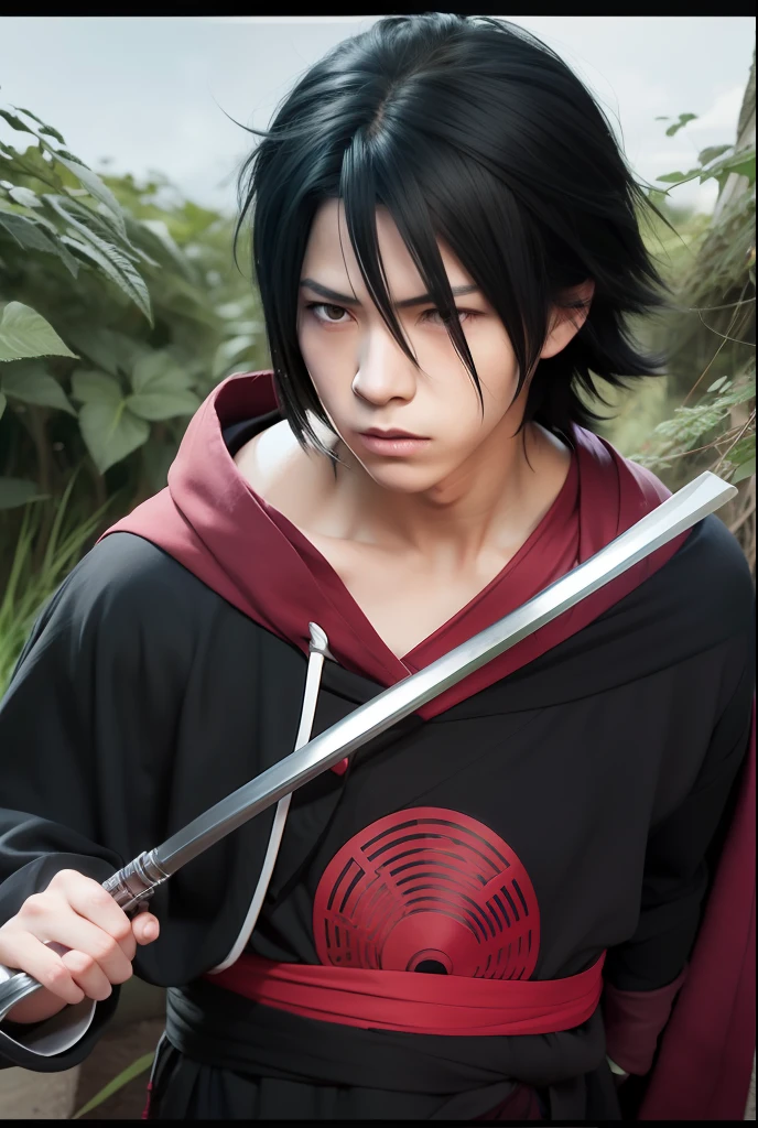 1boy,sasuke uchiha, realistic, has long black hair, prominent black eyes with Sharingan pupils, wearing a black robe,ultra detail