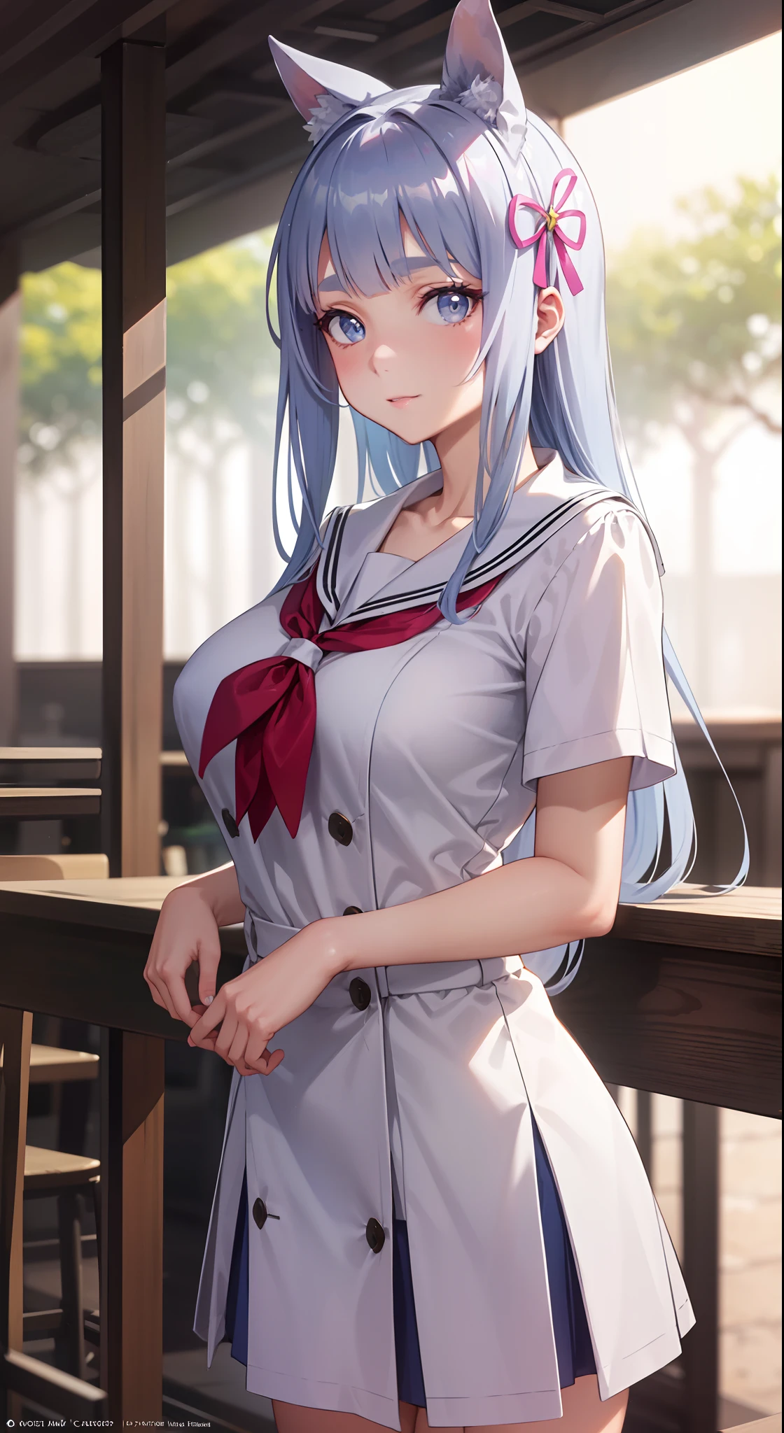 professional artwork, Intricate Details, field of view, sharp focus, detailed painting, photorealistic lighting, trending on pixiv, Standing at attention, (( girl, summer school outfit)), ((large breasts:1,3)), Beautiful body,Beautiful Nose,Beautiful character design, perfect eyes, perfect face, looking at viewer, SFW,official art,extremely detailed CG unity 8k wallpaper, perfect lighting,Colorful, Bright_Front_face_Lighting, (masterpiece:1.0),(best_quality:1.0), ultra high res,4K,ultra-detailed, photography, 8K, HDR, highres, absurdres:1.2, Kodak portra 400, film grain, blurry background, bokeh:1.2, lens flare, (vibrant_color:1.2), shikkoku_yorihime, (seductive look), ((looking at viewer, front body pose))