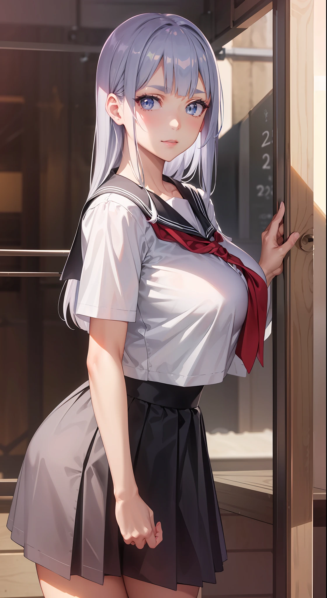 professional artwork, Intricate Details, field of view, sharp focus, detailed painting, photorealistic lighting, trending on pixiv, Standing at attention, ((school girl, summer school outfit)), ((large breasts:1,3)), Beautiful body,Beautiful Nose,Beautiful character design, perfect eyes, perfect face, looking at viewer, SFW,official art,extremely detailed CG unity 8k wallpaper, perfect lighting,Colorful, Bright_Front_face_Lighting, (masterpiece:1.0),(best_quality:1.0), ultra high res,4K,ultra-detailed, photography, 8K, HDR, highres, absurdres:1.2, Kodak portra 400, film grain, blurry background, bokeh:1.2, lens flare, (vibrant_color:1.2), shikkoku_yorihime, (seductive look), ((looking at viewer, front body pose))