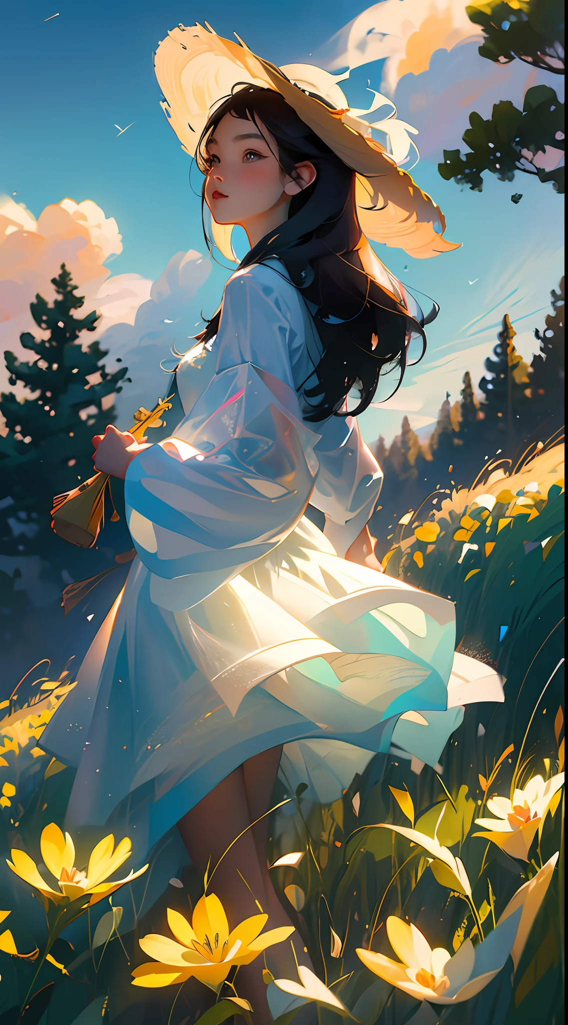 One with a straw hat(Chinese girl:1.2)standing in a wheat field,(Extremely delicate and perfect depiction of the face),Wear a white dress,Light fabric,(Long black hair),Long silky and silky hair,中景 the scene is,Endless golden wheat fields,blue-sky,Rolling white clouds,The vista is of trees and birds,Rice fields,There are neat rice seedlings in the field,ln the forest,hillside,Quiet,rustic,(The setting sun shines obliquely through the clouds),(Extremely detailed picture depiction),high definition detail、hyper-detailing、cinematic ligh、ultra-realistic realism、Soft light、Deep field focus bokeh、Ray tracing and surrealism,(octanerender),(8k wallpaper),(Noticeable light and shadow effects),(Light particle tracing),(White balance),(cinmatic lighting),(masterpiece),(Master painting),realisticlying