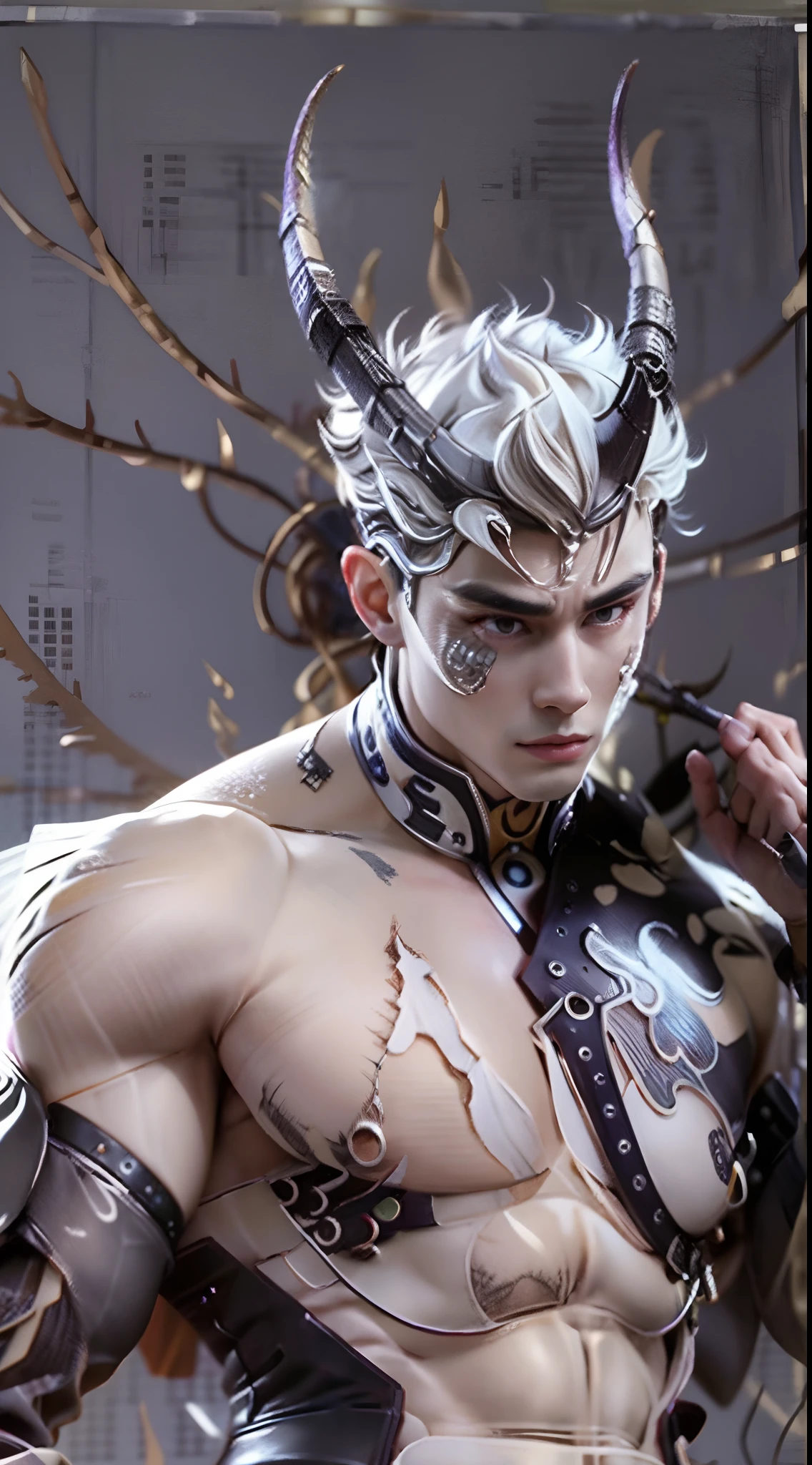 Model design，Tide play blind box，3D naked boy,GK, The whole body of the character，base，Wu Shixun，Raised sexy，coda，Long horns on the head，Transparent wings，Handsome cybernetic boy looking at camera lingerie detailed muscular reality masterpiece，musculous