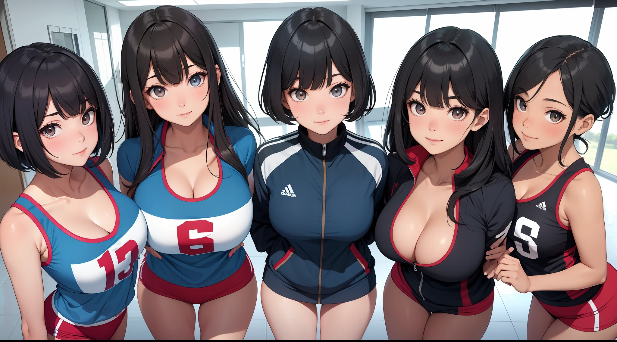 (Best quality:1.1), (Masterpiece:1.2), 5 girls，track suit，are standing，Highqualityshadow, Beautiful detailed, Beautiful face, Detailed eyes,Depth of field, A high resolution, Best shadow, Best illumination, Kizi, view the viewer, （Five-color hair:1.3)，Brush cut，extra very short hair, Blunt bangs, Long hair, Black eyes, Shy, Large breasts, Miniskirt, Volleyball hall，inside in room，Exercise posture， Sunburn，Boo marker，cleavage，looks into camera，ssmile，closeup cleavage，Superskirt