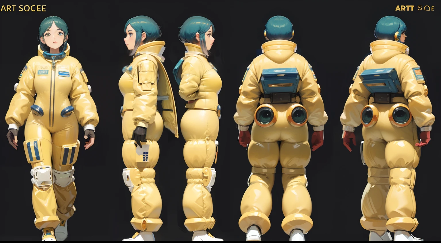 woman space cadet, ((art deco)), (golden detailed art deco space suit), ((character design sheet)), many items, many details