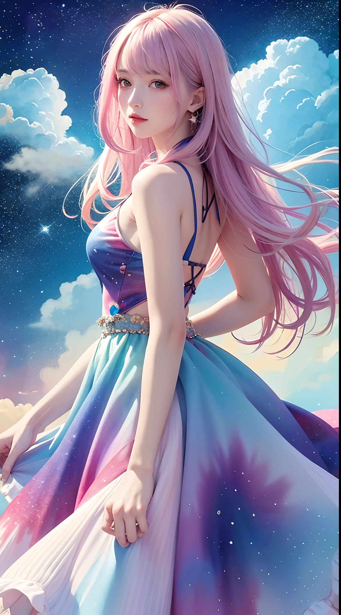 masterpiece, top quality, best quality, watercolor, official art, beautiful and aesthetic, 1 girl, fractal art, whole body, from front, looking at viewer, patterns, fantastic clothes, rainbow color Hair, colorful hair, half blue and half pink hair, water, liquid, cloud, colorful, starry, stars,
