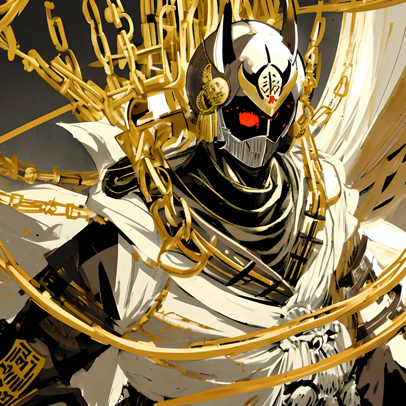 1人,(oni helmet and mask),japanese samurai armor,Gold chain,glowing light eyes,,Negative space、Clear lines、hight contrast
