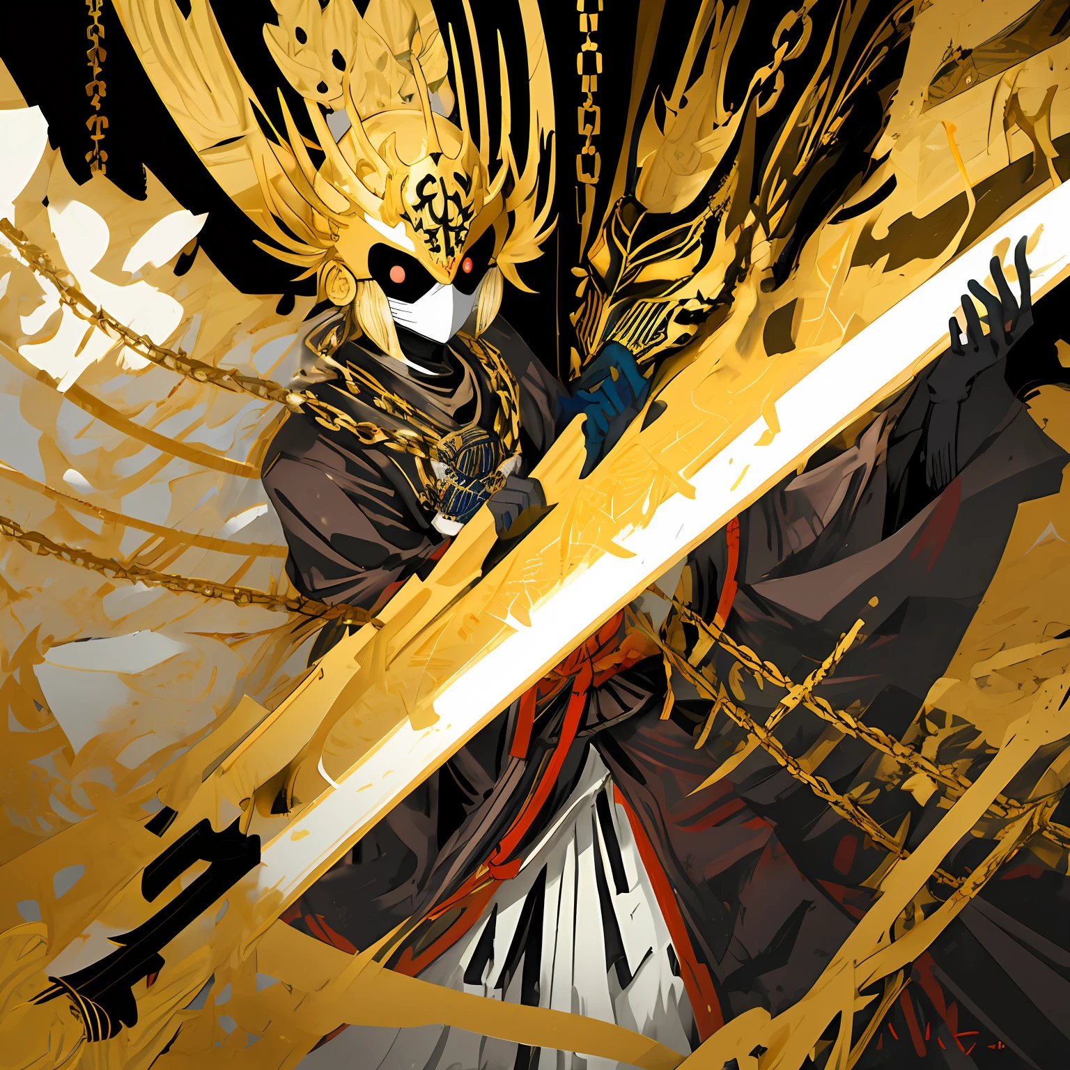 1人,(oni helmet and mask),japanese samurai armor,Gold chain,glowing light eyes,,Negative space、Clear lines、hight contrast