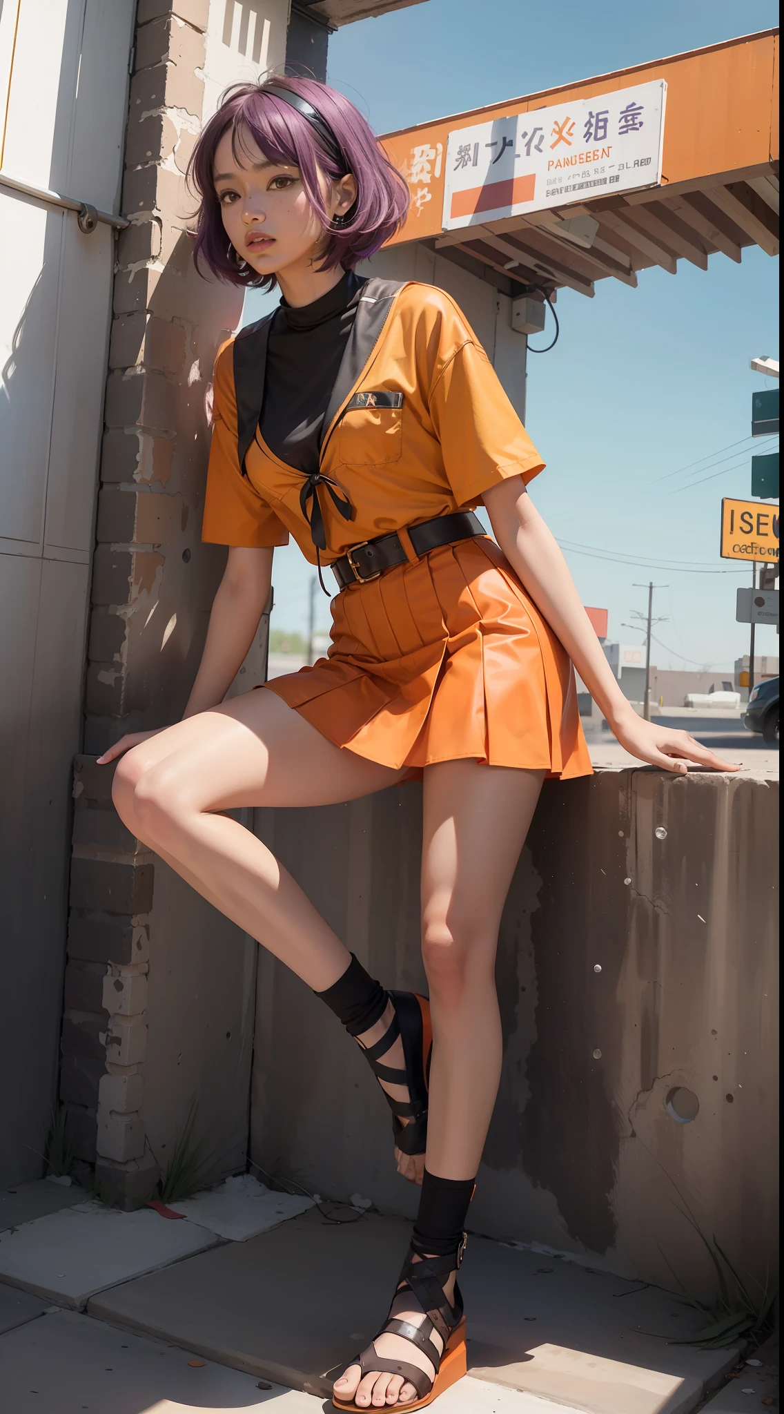 concept-art，The angle of looking from the bottom up，Dressed in funny Somali dark orange Pinafort，Brunette is styled as short hair，fluorescent purple Hair tie，Equirectangular columnar 360，A high resolution，[（The art of Willie Baumeister：1.1），（John T.Biggs' art：1.2）：：17]，offcial art，Unity 8k壁纸，ultra - detailed，Aesthetics，tmasterpiece，best qualtiy，realisticlying，Full-body positioning，Maillard costume，Brown JK uniform top，Short orange skirt，Long legs，Two twin sisters，The two sisters stood side by side