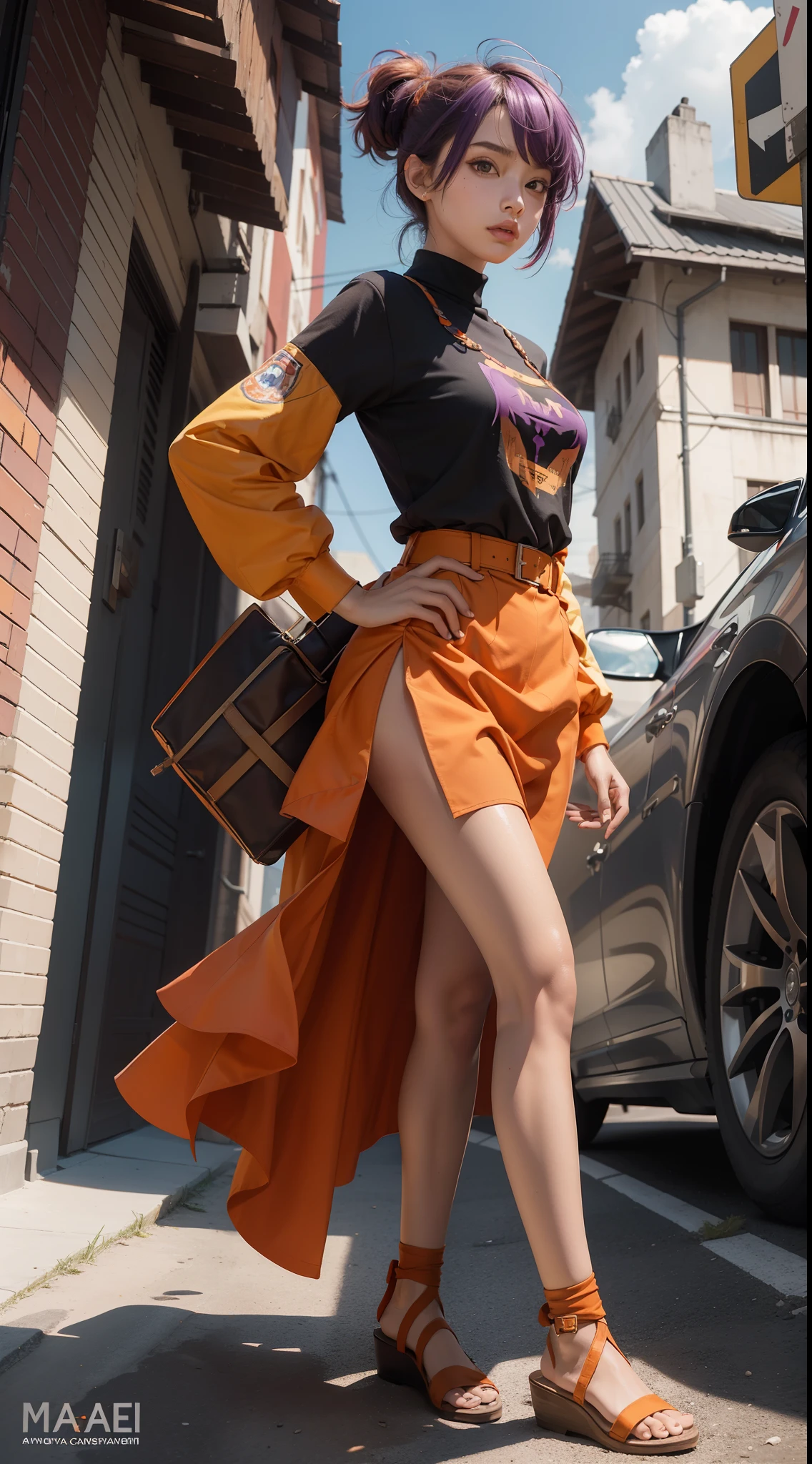 concept-art，The angle of looking from the bottom up，Dressed in funny Somali dark orange Pinafort，Brunette is styled as short hair，fluorescent purple Hair tie，Equirectangular columnar 360，A high resolution，[（The art of Willie Baumeister：1.1），（John T.Biggs' art：1.2）：：17]，offcial art，Unity 8k壁纸，ultra - detailed，Aesthetics，tmasterpiece，best qualtiy，realisticlying，Full-body positioning，Maillard costume，Brown JK uniform top，Short orange skirt，Long legs，Two twin sisters，The two sisters stood side by side
