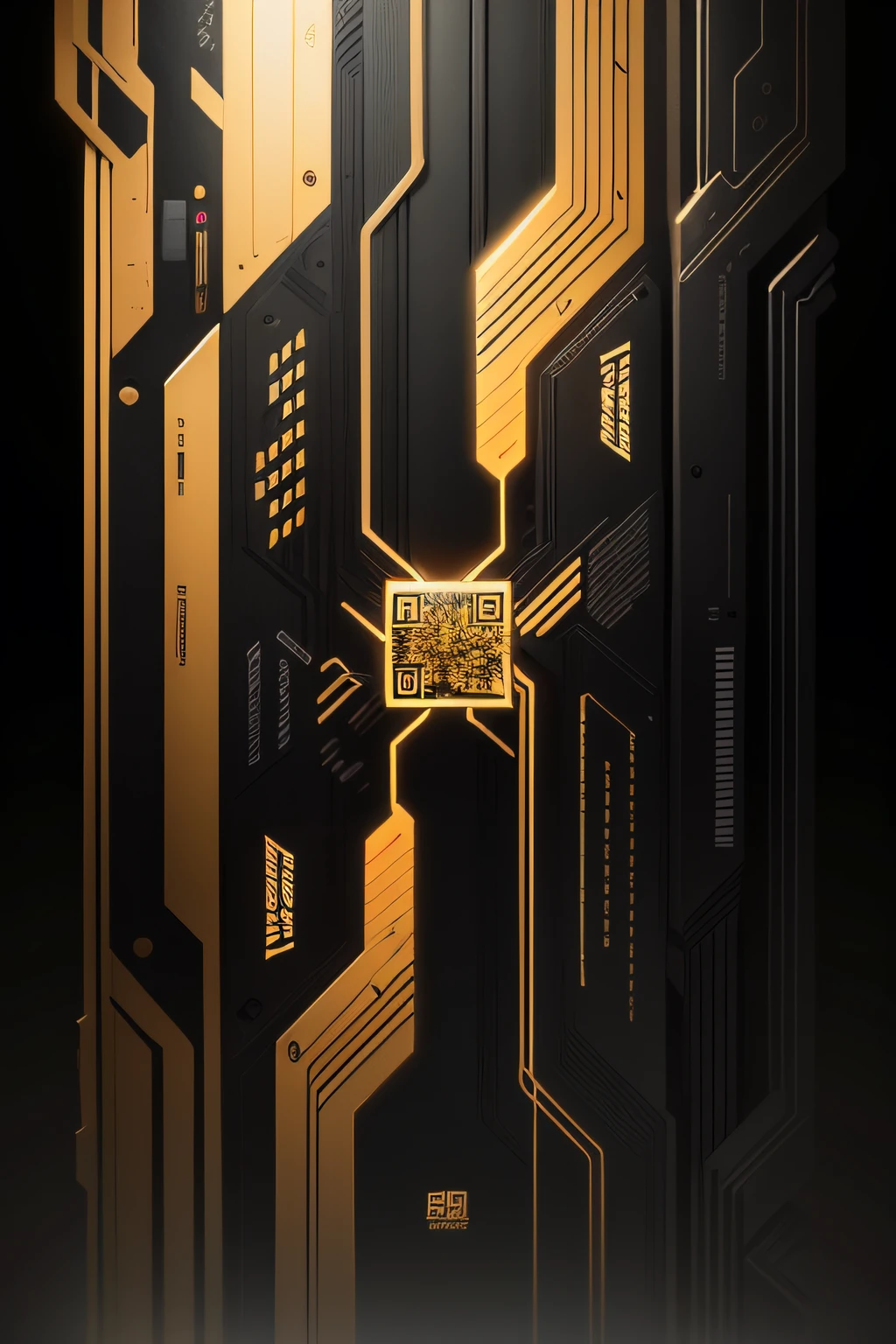 With chip、Graphic design black gold theme vector poster of circuit elements，Among them, the chip occupies the main position in the figure，It should be able to hold a QR code；The circuit should be coordinatedly filled with the full picture，It diverges outward centered on the chip position。In addition to chips and circuits，Other elements such as text should not appear in the poster。