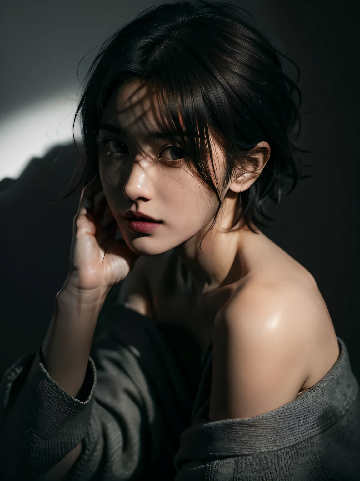 Best quality, masterpiece, ultra high res, (photorealistic:1.5), raw photo, 1girl, offshoulder, in the dark, deep shadow, low key, cold light, sexy look, short hair