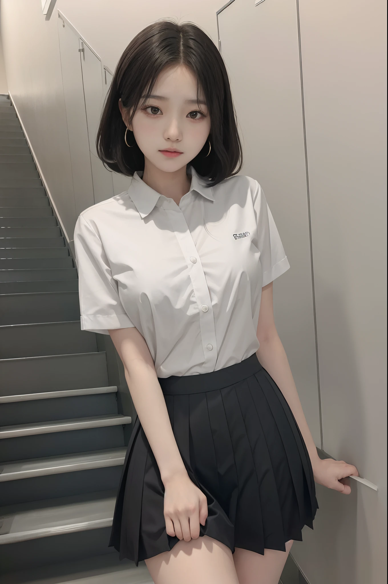 Korean school uniform,Summer uniform shirt,Ribbon Ties,a skirt,School Classroom,school stairs,Chest thrust pose,Breast display posture,8K raw photos,A high resolution,cool Korean at 16 years old,very large round breasts,beautiful eyes in detail,long eyelasher,beautiful double eyelid,eye shadows,eyes liner,Cut Eyes,Elongated eye shape,Sanpaku eyes,evilsmile,Evil expression, Beautiful very thin legs,Beautiful very thin thighs,Random short hair,Hair tied behind the head,big earrings,Bright blonde hair,With gray eyes