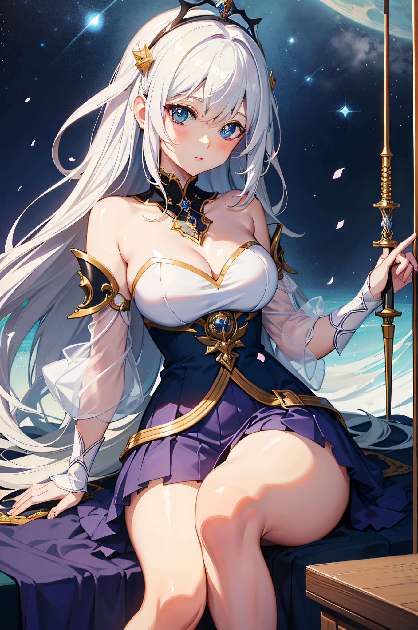 4K Ultra Clear,tmasterpiece,Beautiful 2D style,,Anime girl sitting on windowsill,Holding a sword in hand, Anime goddess, White-haired god, trending on artstation pixiv, ((a beautiful fantasy empress)), beautiful fantasy anime, cute anime waifu in a nice dress, trending on cgstation, lunar goddess, Guweiz in Pixiv ArtStation, beautiful and seductive anime woman, seductive anime girls
