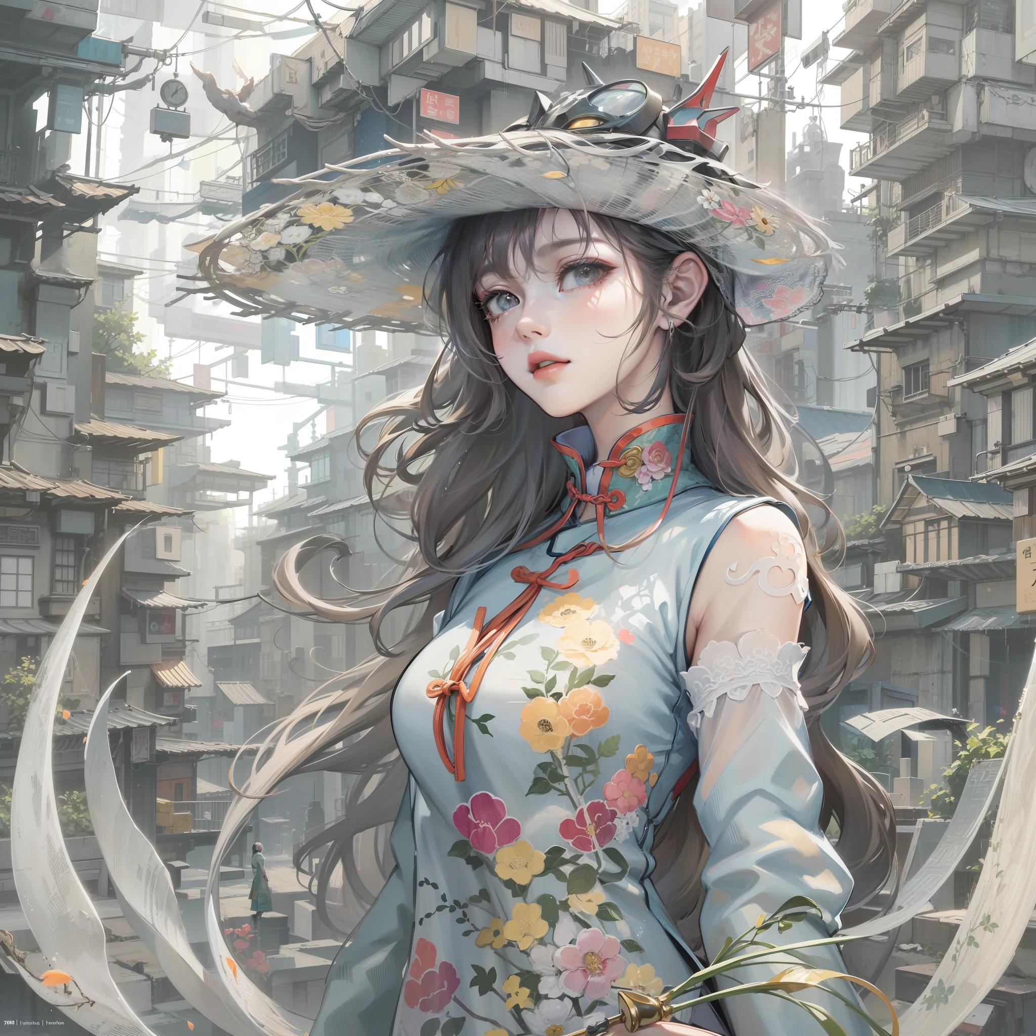 (White background,Cyberpunk city:1.45),(A girl,Solo,Cowboy shot,Wear yours with highly delicate patterned embroidered cheongsam:1.45),Colored pencil painting,Rough sketch of monochrome,Detailed and complex line sketches,Textile art,Fiber optic combination,Legend,mito,in wonderland,in wonderland,off-world,Mechanical parts are stacked with intricate details,Travel through time,brush,Flash oil,Oil painting,Ink oil,(William Morris,Michelangelo Buonarroti,Raphael Monti,Antonio Coradini,arts and crafts movement,Intricate patterns,Intricate details and patterned clothing,Fractal geometric pattern,Discrete geometric embroidery,Design in myth and legend style, wallpaper art, Textile creation,tribal patterns,indigenous art,Cultural themes, Bold design,Expressive symbolism,Ancient traditions),delicate patterned,Fractal geometry,Vector tracing,Ink painting,Tentacles,lace edge,Garment folds,Best light,full light,highly detailed wallpaper,One scene to the end,The first night of summer, It started to rain lightly, Everything is soaked in ink. Sporadic drizzles fell on the body, Add a touch of calm and leisure. Daytime is different from summer, Where flowers grow wildly，There are various styles,