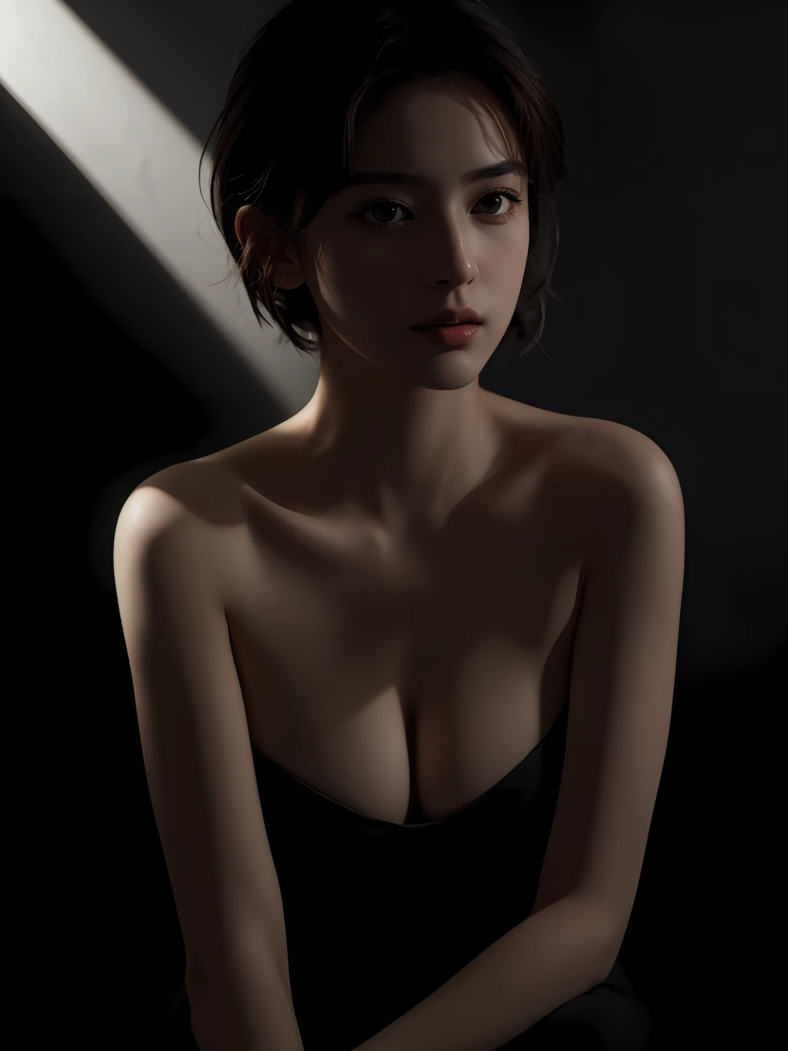 Best quality, masterpiece, ultra high res, (photorealistic:1.5), raw photo, 1girl, offshoulder, in the dark, deep shadow, low key, cold light, sexy look, short hair