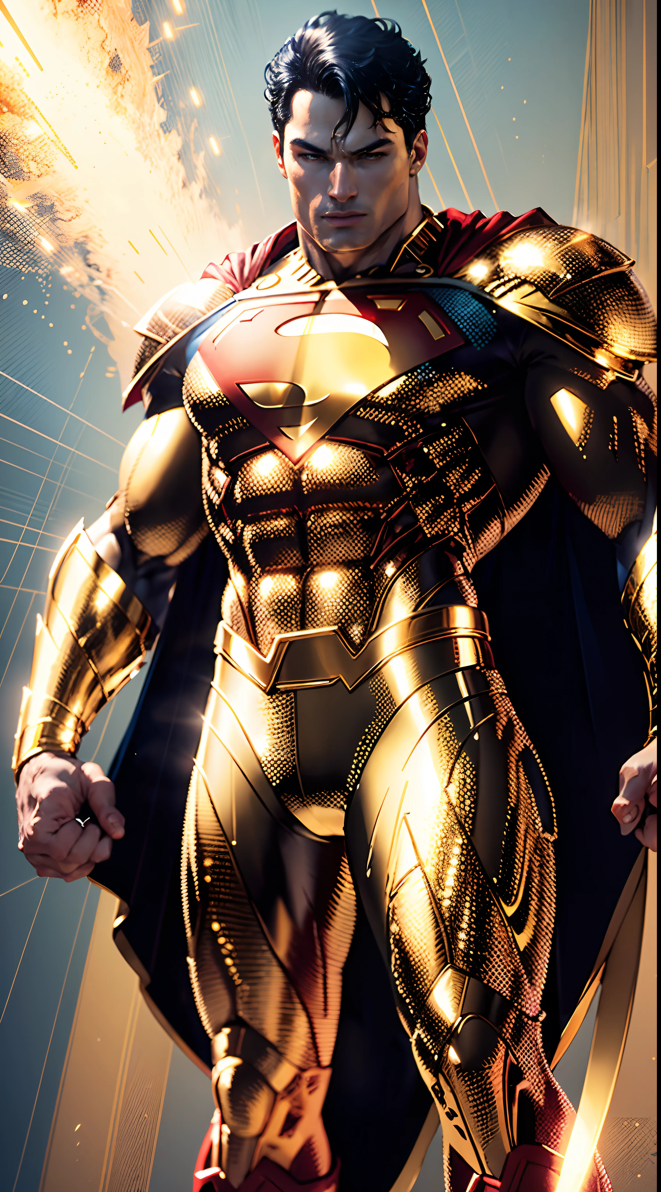 Golden Superman, shimmering golden costume with Pearly White, (extremely detailed 8k CG unit wallpaper, Golden uniform, gold gold Superman costume, masterpiece, best quality, ultra-detailed), (best lighting, best shadow, extremely delicate and beautiful), floating, [(((1man))), (Superman: 1.3), muscles, bright blue lines, detailed costume, heroic pose):0.8], [(celestial landscape, night, bright neon lights:1.2,  blue energy effects, volumetric light):0.5]