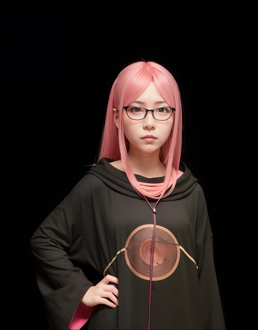 1girl,karin uzumaki, realistic,long pink hair, a special mark on her right cheek,woman with glasses, wearing a black robe,ultra detail