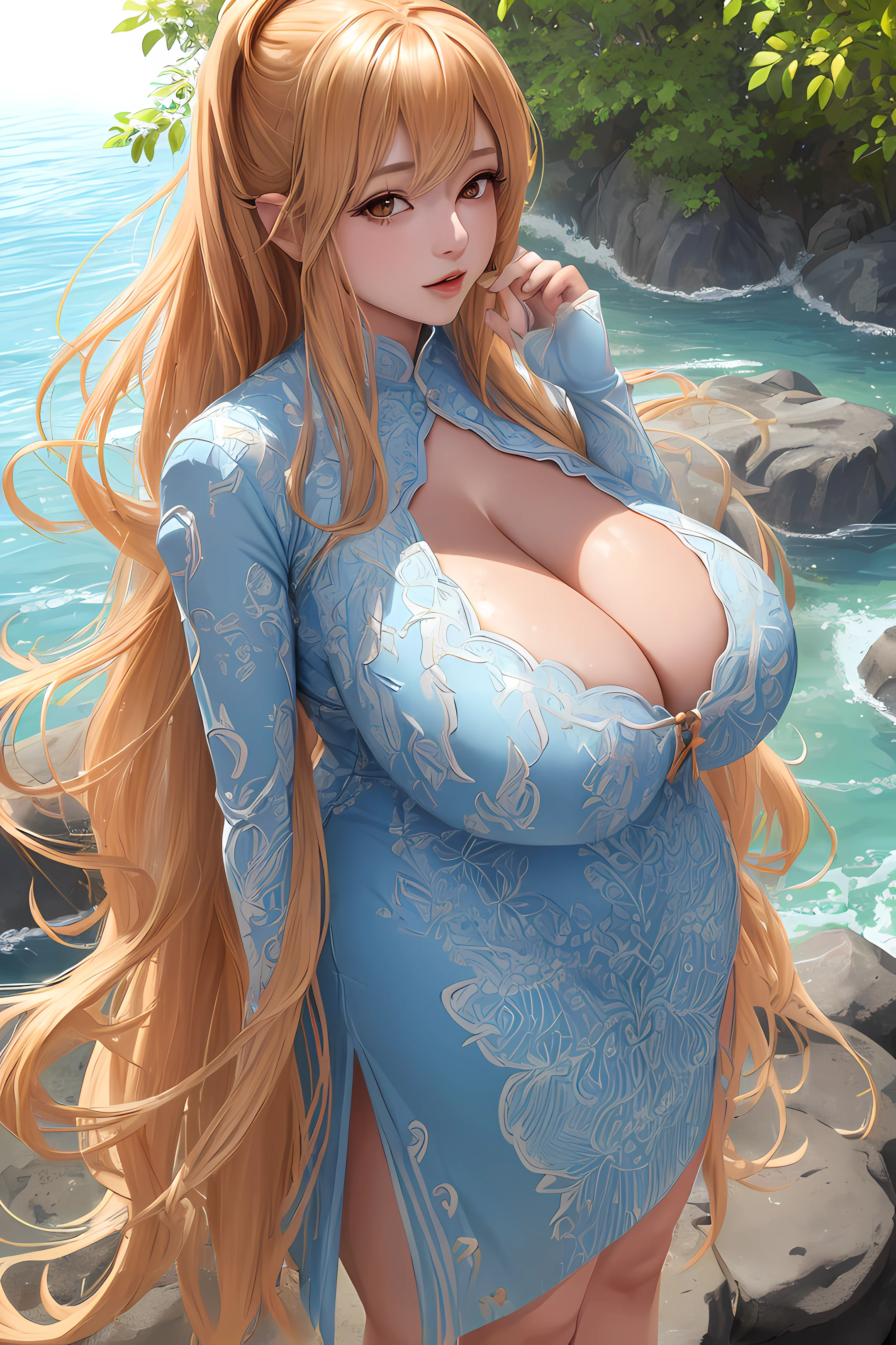 (Ultra Quality,Masterpiece,Ethereal:1.4)nagatiti(Gigantic Breasts:1.6)(hanging breasts: 1.5)(breasts squeeze: 1.3)(bimbo 1.4)(Disproportional Tits: 1.4)(Realism:1.2)(Realisitc:1.2)(Absurdres:1.4)8K,Ultra-Detailed,((Detailed Beautiful Mature Face)), Slutty Expression,Gyaru,Adult Rocks,Coast,(Shore:1.2) (Sitting:1.4)Sitting on Rock,Trees,Plants,(Bush:1.2)Waves(Causting:1.2)(Hyper-Detailed Water:1.1) (Solo:1.4)1Girl(Facing Viewer:1.2)Intricate Body Details(Milf: 1.5)(Curvy:1.3)Average Waist,Thick Thighs,Yuuki Asuna,Honey Blonde Hair[Long Hair](Sidelocks:1.2)(Slutty Clothing:1.3)Seductive Posture,Sexy Pose,Alluring[intricate-perfect-fingers-on-hands]Perfect Hyper-Detailed Orange Eyes,