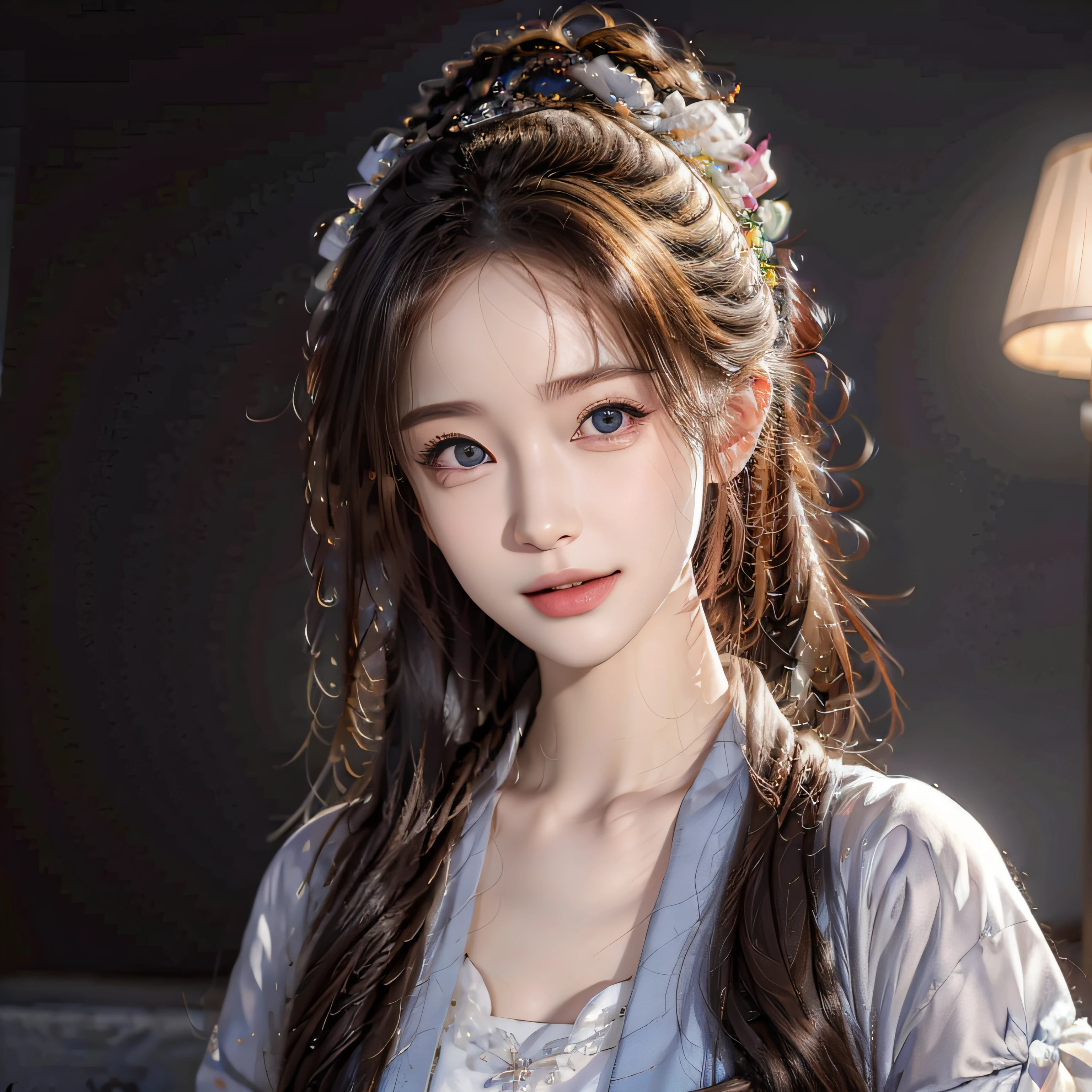 (photorealistic:1.4),(detailed eyes:1.3),(realistic, photo-realistic:1.37),(Medium view:1.5),(Half body),1girl,best quality,ultra-high res,Tokyo street,Vest,long Colour hair,waist,Smile,Slim,Night,