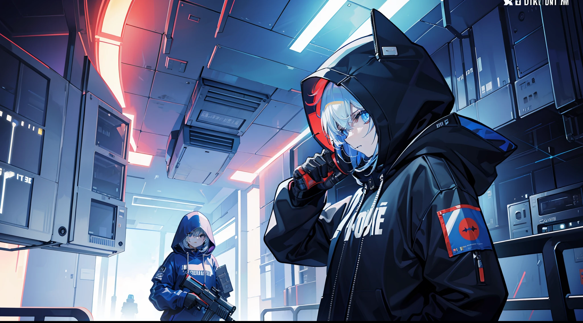 holding gun，face guard，Hooded sweatshirt，Robotic arm，Large spacecraft launch station base，Skysky，cyber punk perssonage，城市