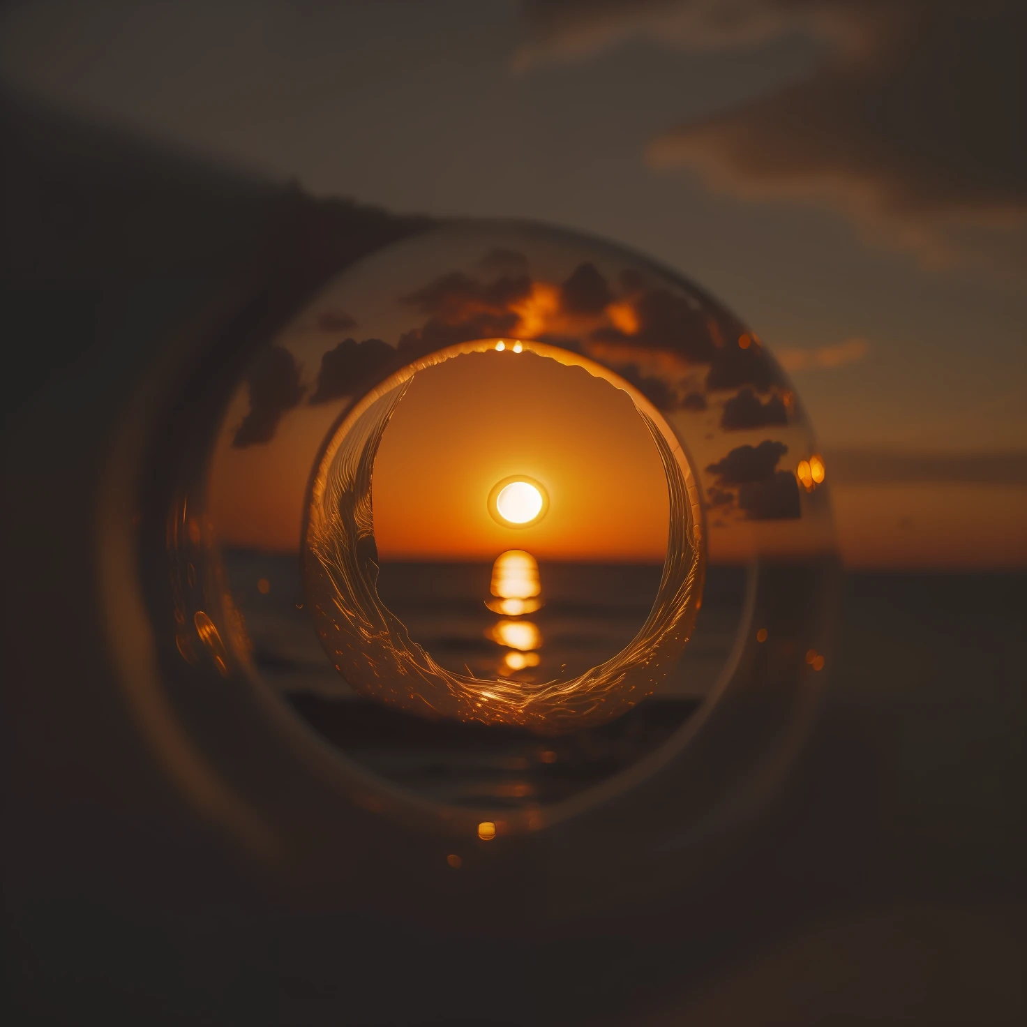 a closeup of a beer bottle with a sunset in the background, world seen only through a portal, lua refratada no oceano, looking at sunset, during sunset, refracted sunset, looking through a portal, refracted sunset lighting, Looking at a sunset, during a sunset, water reflecting the light of the suns, Portal para outro mundo, breathtaking shot