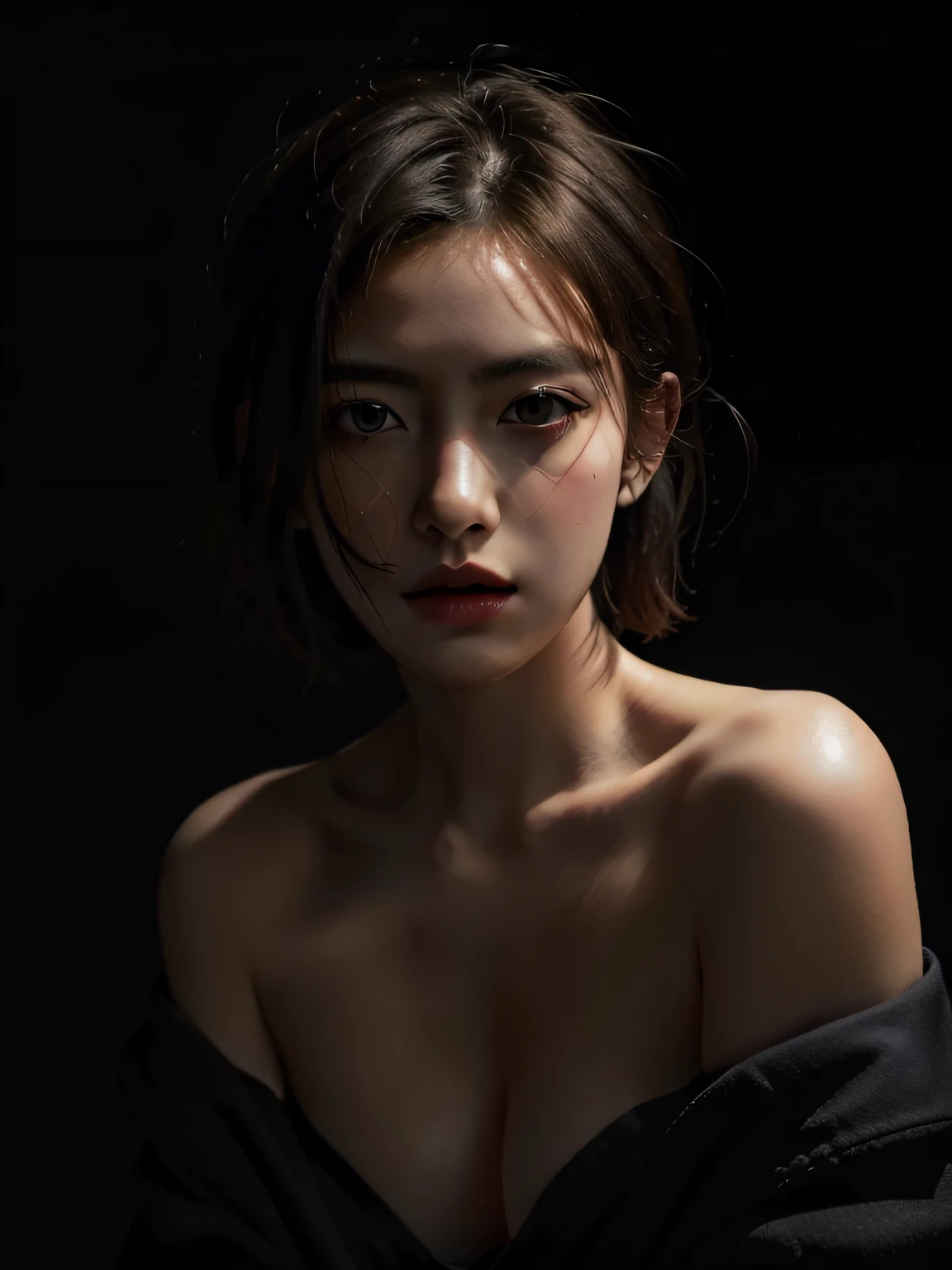 Best quality, masterpiece, ultra high res, (photorealistic:1.5), raw photo, 1girl, offshoulder, in the dark, deep shadow, low key, cold light, sexy look, short hair