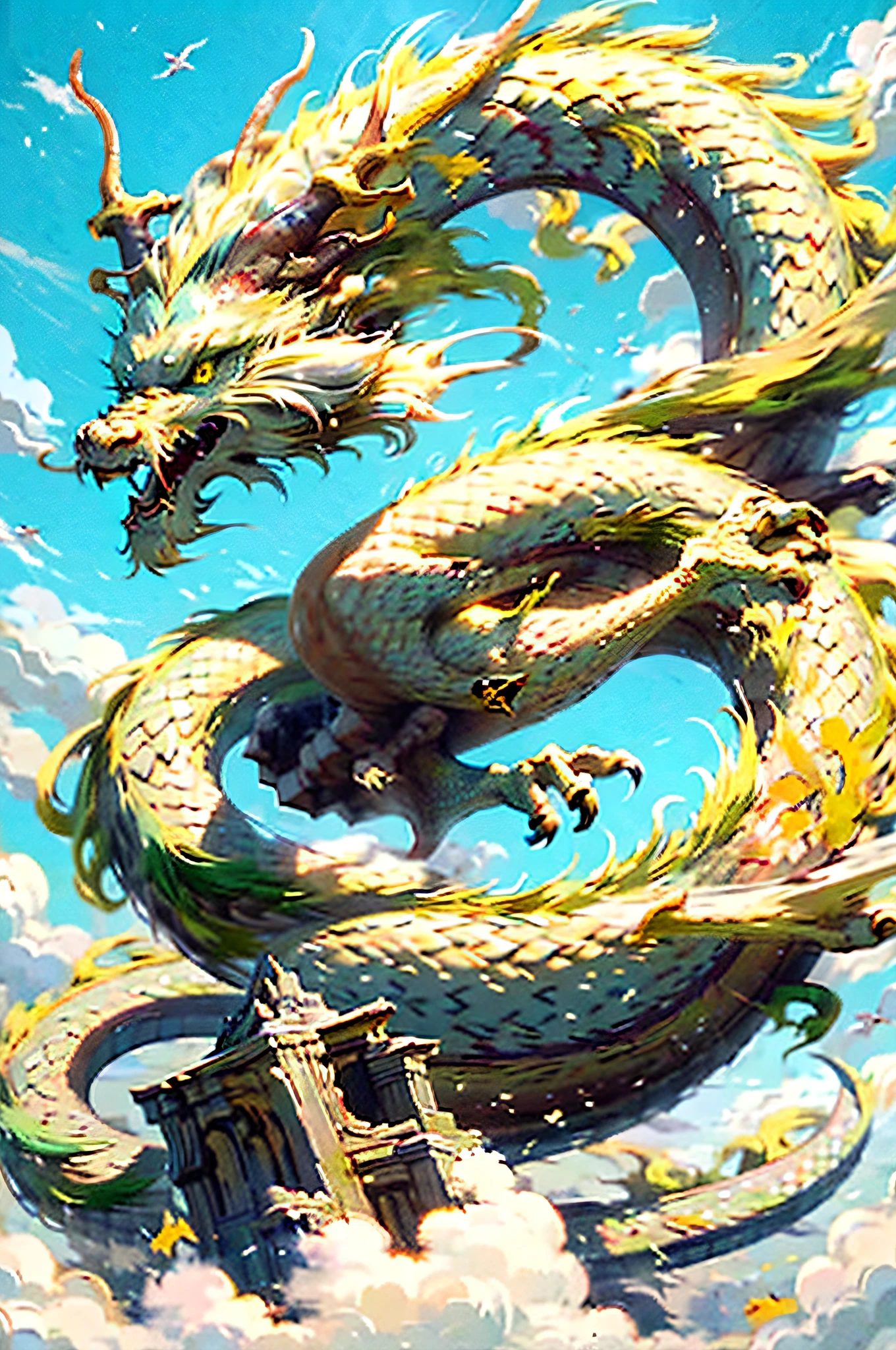 Best quality,masterpiece,ultra high res,nu no humans, (long:1.2),sky, yellow eyes, cloud, scales, eastern dragon, open mouth, sharp teeth, flying, horns, teeth, day, claws, fangs, blue sky
