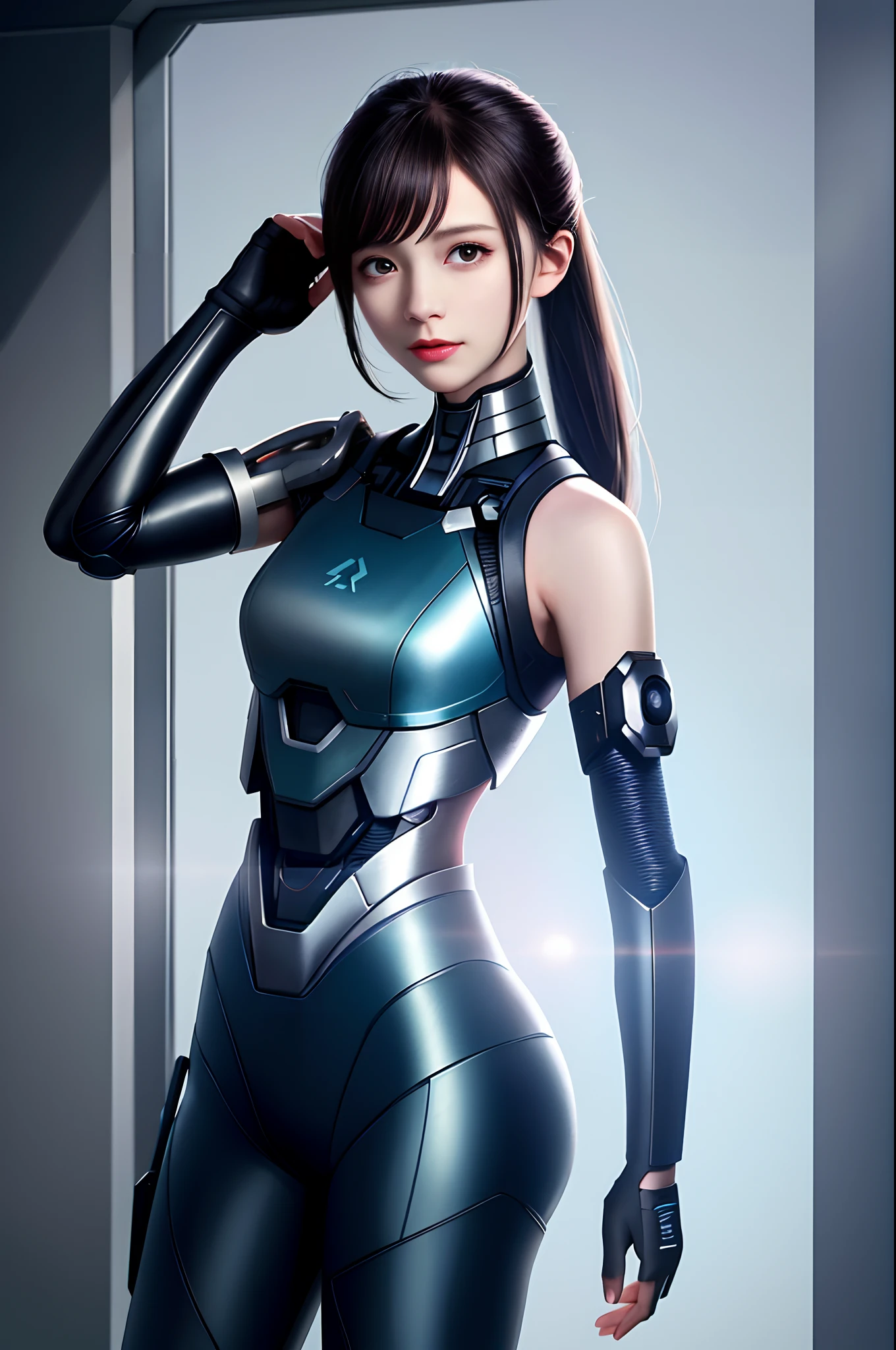 dystopian， [sci-fy]， High-detail RAW color photos， full-shot， 's （cute female arterial intelligence， cybernetically enhanced）， inside in room， standing on your feet， （In a cryogenic chamber， In a state-of-the-art cyberpunk research facility）， Toned physique， （Small lively breasts， Normal， big assa，pony tails （paleskin）， （cybernetic implants：1.2）， （enhancer）， （cyborg people：1.1）， （Detailed skins， Diffuse of skin pores）， silica gel， metals， （highly  detailed， finedetail， 复杂）， （lens flare glow：0.4）， （flood：0.4），diffused soft lighting，Ray traching，shallowdepthoffield，（Oliver Waite），taken on a Canon EOS 5D，90mm micro lens，f / 8，Clear focal length，Smoothness，Motion picture film，A scene from the《Blade Runner 2049》，[cyber punk perssonage：Dieselpunk：0.25]