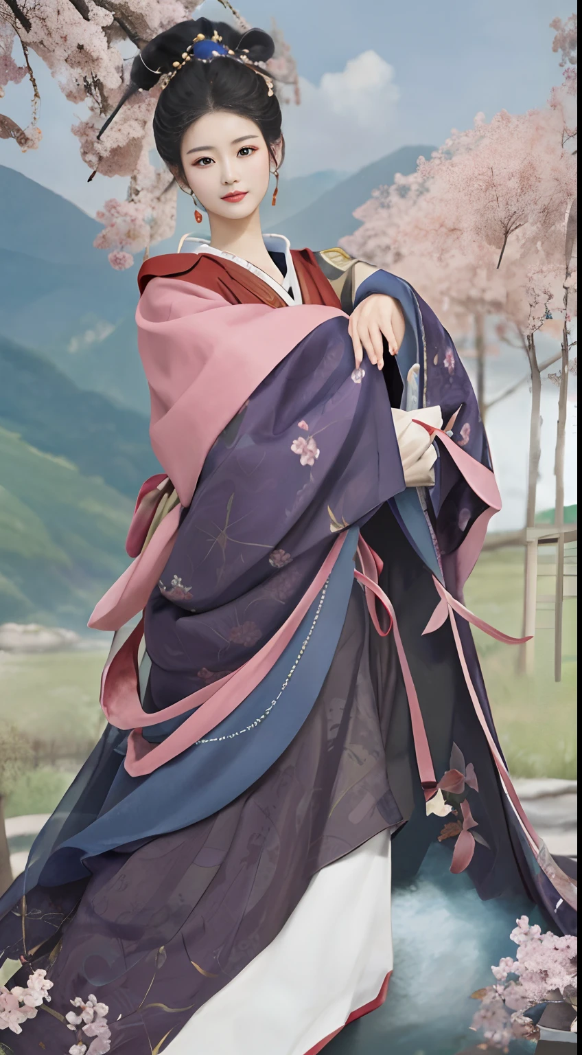 An ancient Chinese beauty standing by the river,中景 the scene is,Wearing ancient Chinese clothing,Flowing tulle silk,(Detailed and perfect facial details),(Beautiful and affectionate eyes),Flowing silky hair,Pavilion,the trees,Flying birds,The vista is mountains,(Ink painting style),Clean colors,Decisive cut,Leave white space,impressionistic,tmasterpiece,(8k wallpaper),(Extremely meticulous and perfectly detailed painting),Epic composition,high high quality,HighestQuali,Master works of painting,realisticlying,Inspired by:《Suzhou Garden》,Ray rendition