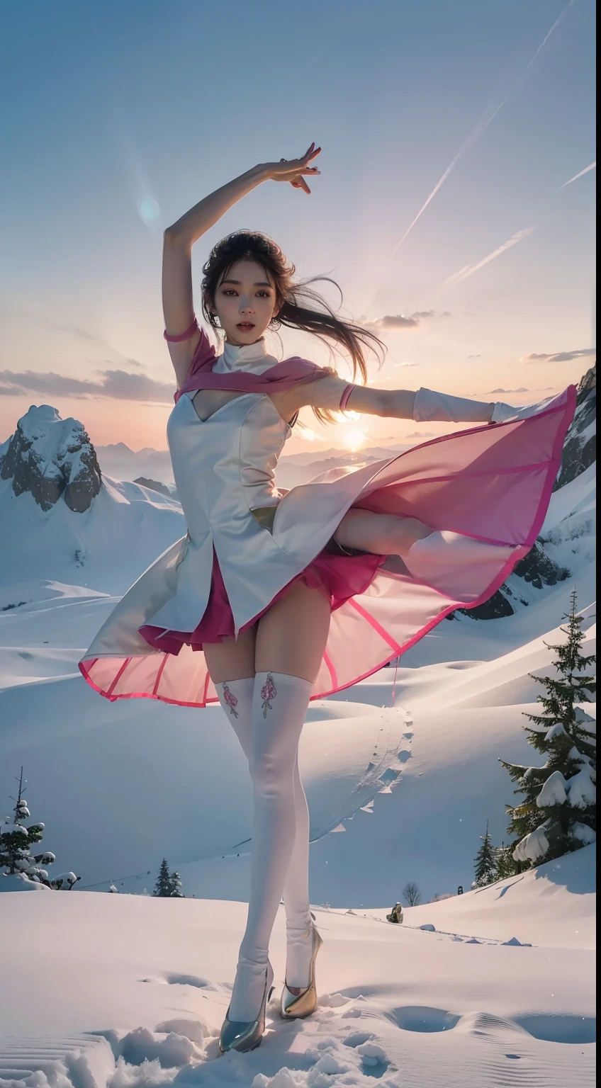 (full bodyesbian:1.5), (Polished pointed toe stockings heels:1.2), (Dance on top of snowy mountains:1.2),(In pink|amarelo|blue colors|green color|red colour|white colors|black in color|purpleish color|greys|Beige|Flesh color 1.4),(Accurate and perfect face:1.2),Dressed in Japanese court women's clothing,A shallow laugh,,hyper HD, Ray traching, reflective light,structurally correct, Award-Awarded, high detal, lightand shade contrast, Face lighting,cinmatic lighting, tmasterpiece, super detailing, high high quality, high detal, best qualityer, 16k,
