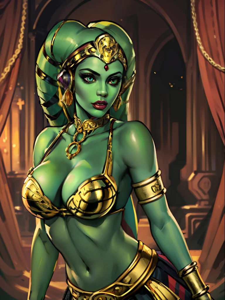 (best quality, masterpiece, highly detailed), 1girl, (green skin), sexy busty Twi'lek, large breasts, cleavage, skindentation, gold and black bikini, gold, ornate metal bra, metal lace, gemstones, jewelry, long skirts, armlets, pelvic curtain, Star Wars, lekku stripes