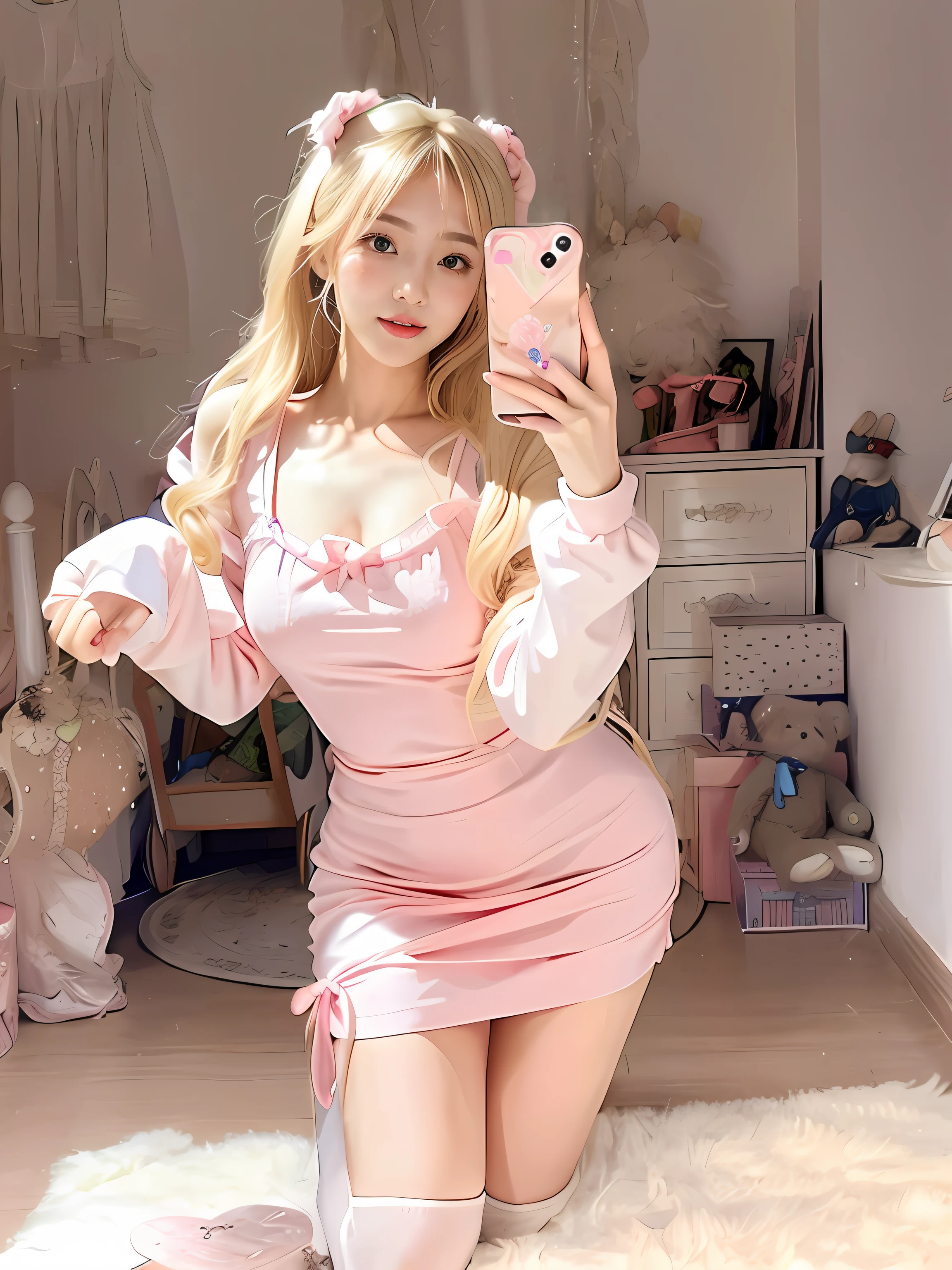 Blonde woman in pink dress taking selfie in bedroom, Korean girl, belle delphine, Pink dress, cute kawaii girls, Wearing a pink dress, in dress, ultrarealistic sweet bunny girl, sakimichan, Pink girl, Sexy dress, (in pink), wearing a pink dress, cute cute, Gorgeous young Korean woman, Cute dress