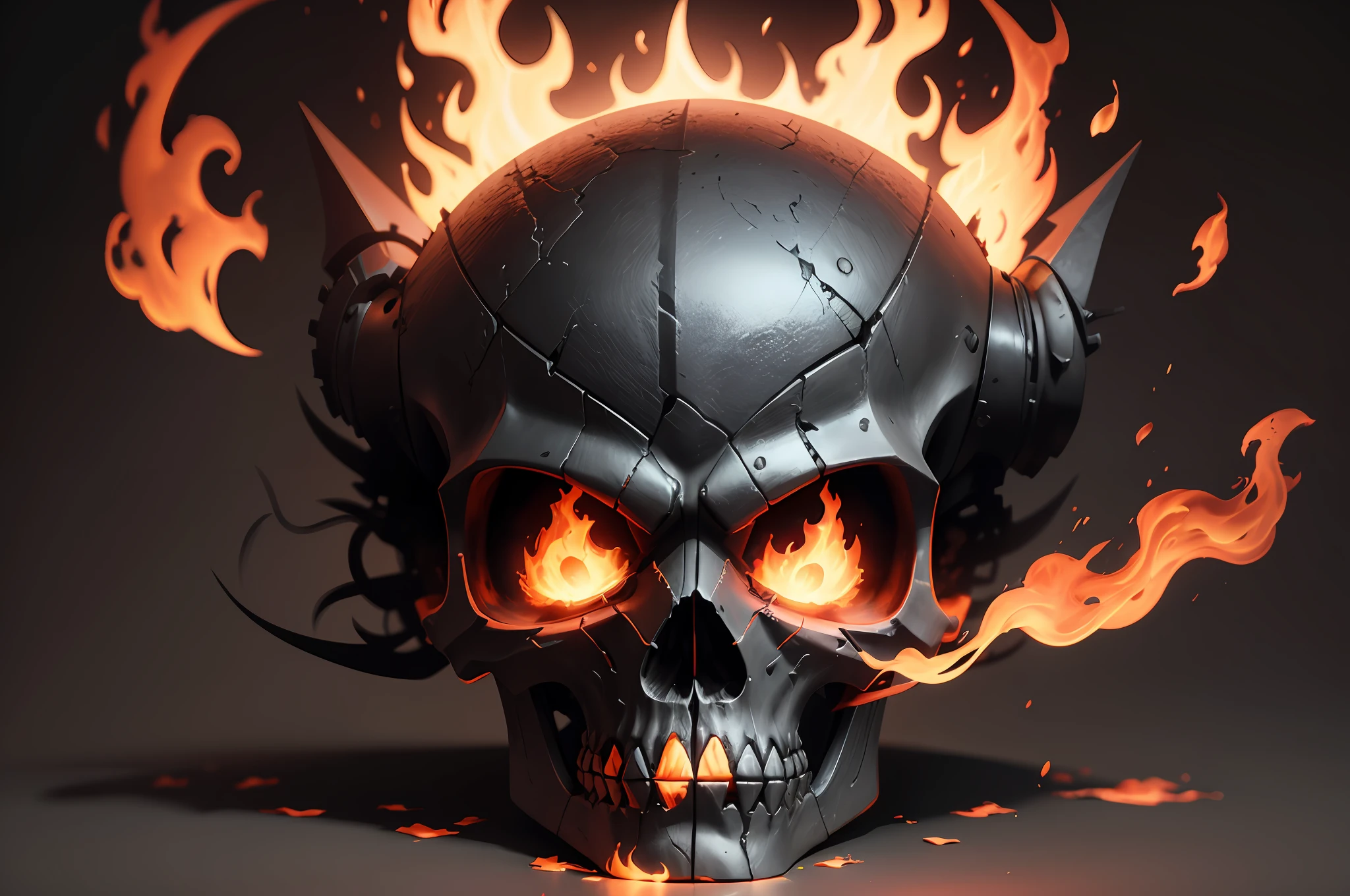 Calavera con llamas en la cara y un casco negro, flaming skull, fantasy skull, Calavera ardiente contemplando la vida, Calavera de metal con ojos rojos, Renderizado en Cinema 4 D Octane, 8 K muy detallado ❤🔥 🔥 💀 🤖 🚀, airbrush render, of gears with war skull spikes, zbrush 3 D render, Renderizado en Unreal Engine 4K HQ