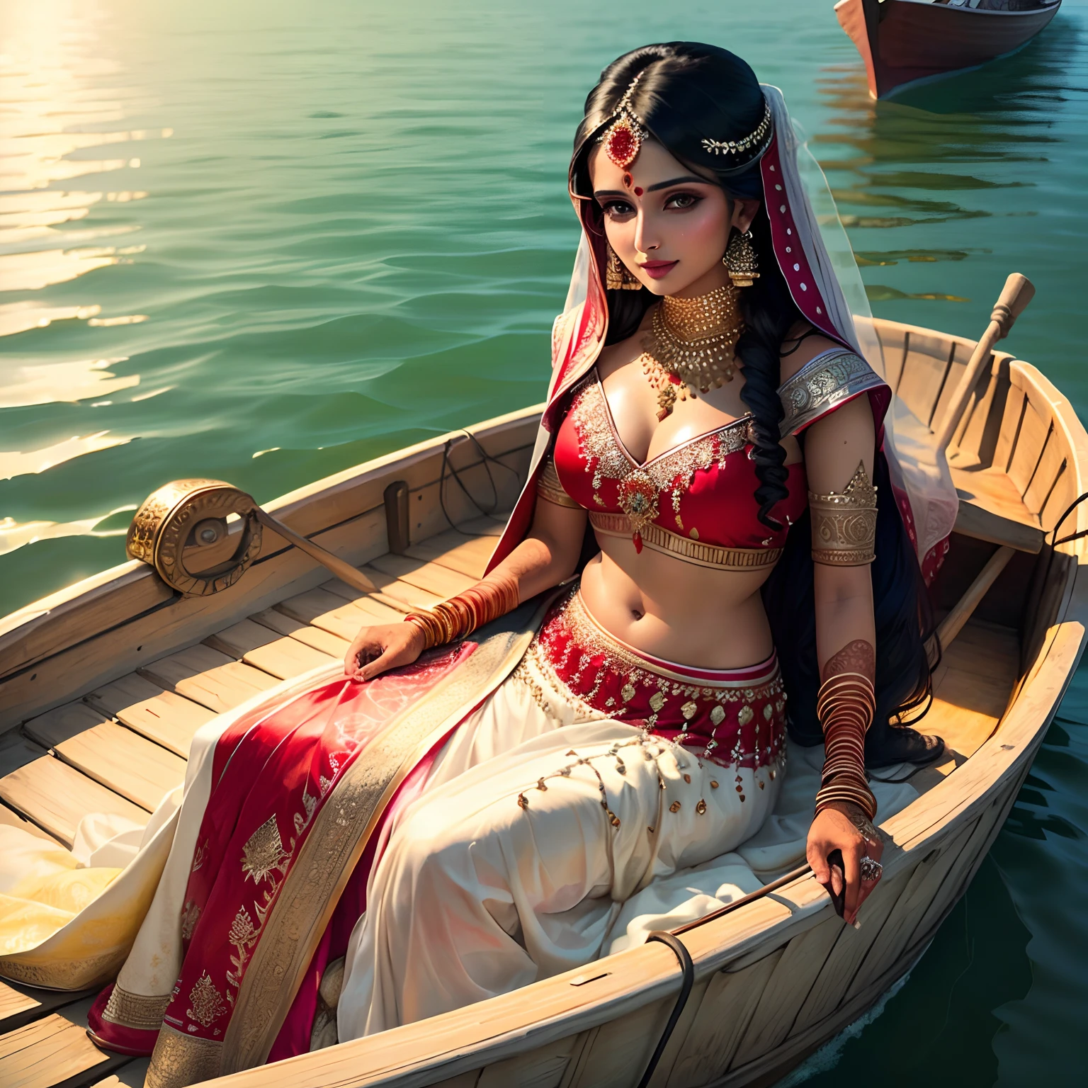 Indian bride seating in a boat