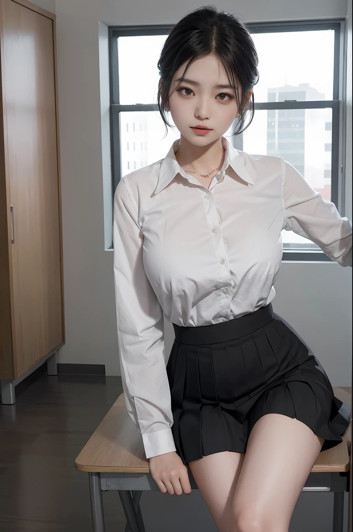 Korean school uniform，Summer uniform shirt，Ribbon Ties，a skirt，School Classroom，school stairs，Chest thrust pose，Breast display posture，8K raw photos，A high resolution，cool Korean at 16 years old，very large round breasts，beautiful eyes in detail，long eyelasher，beautiful double eyelid，eye shadows，eyes liner，Cut Eyes，Elongated eye shape，Sanpaku eyes，evilsmile，Evil expression， Beautiful very thin legs，Beautiful very thin thighs，Random short hair，Hair tied behind the head，耳Nipple Ring，（Short messy hair），With gray eyes（Black wavy hair）