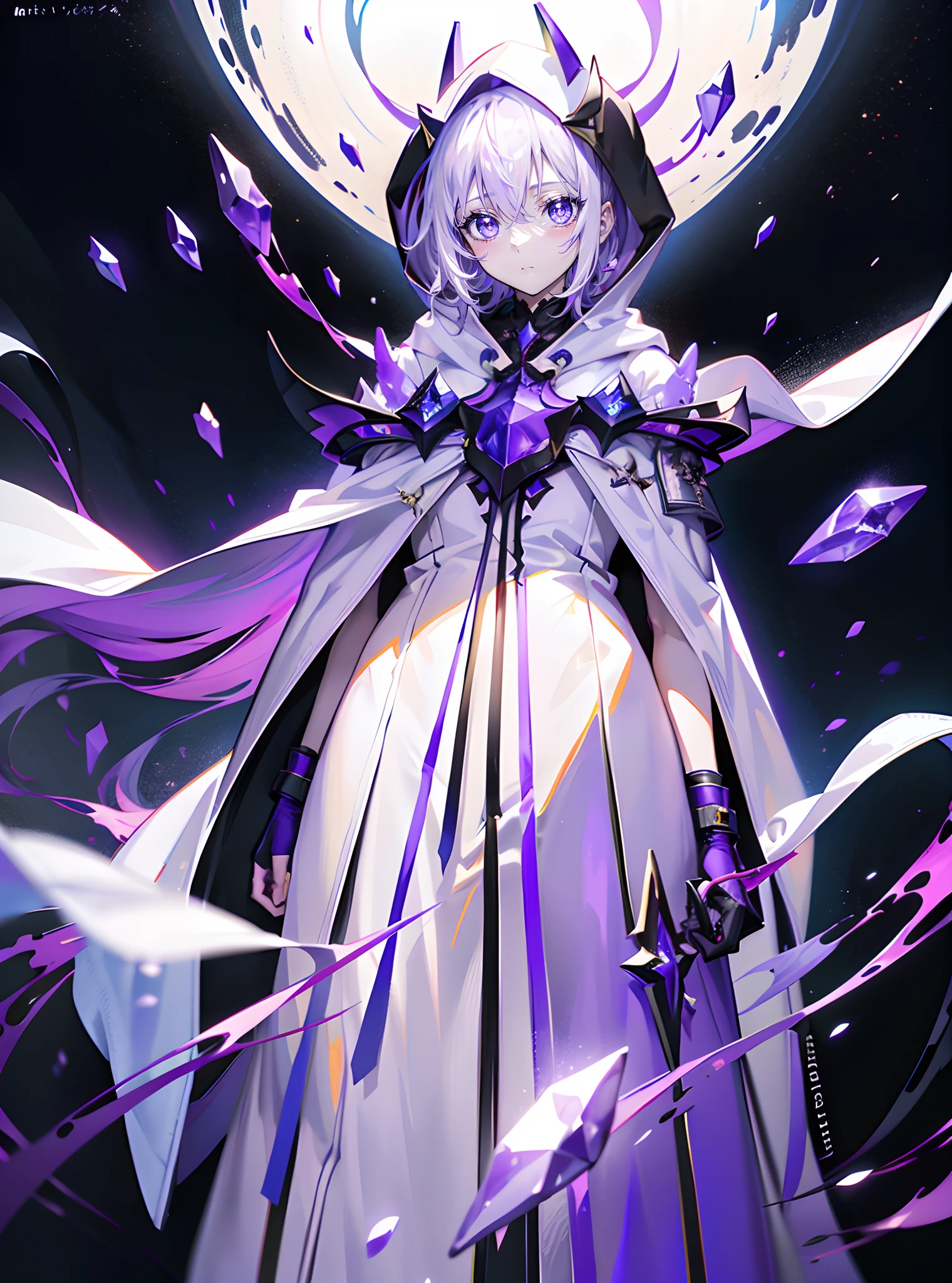 tmasterpiece,best qualtiy,style of anime,a sense of atmosphere，higher details，cg render，Standing painting，Ray traching，sci-fy)(White color hair，Purple pupils，White hooded cape，Cover the whole body，Non-juveniles)（The background is a huge purple space）(There are purple crystals around)