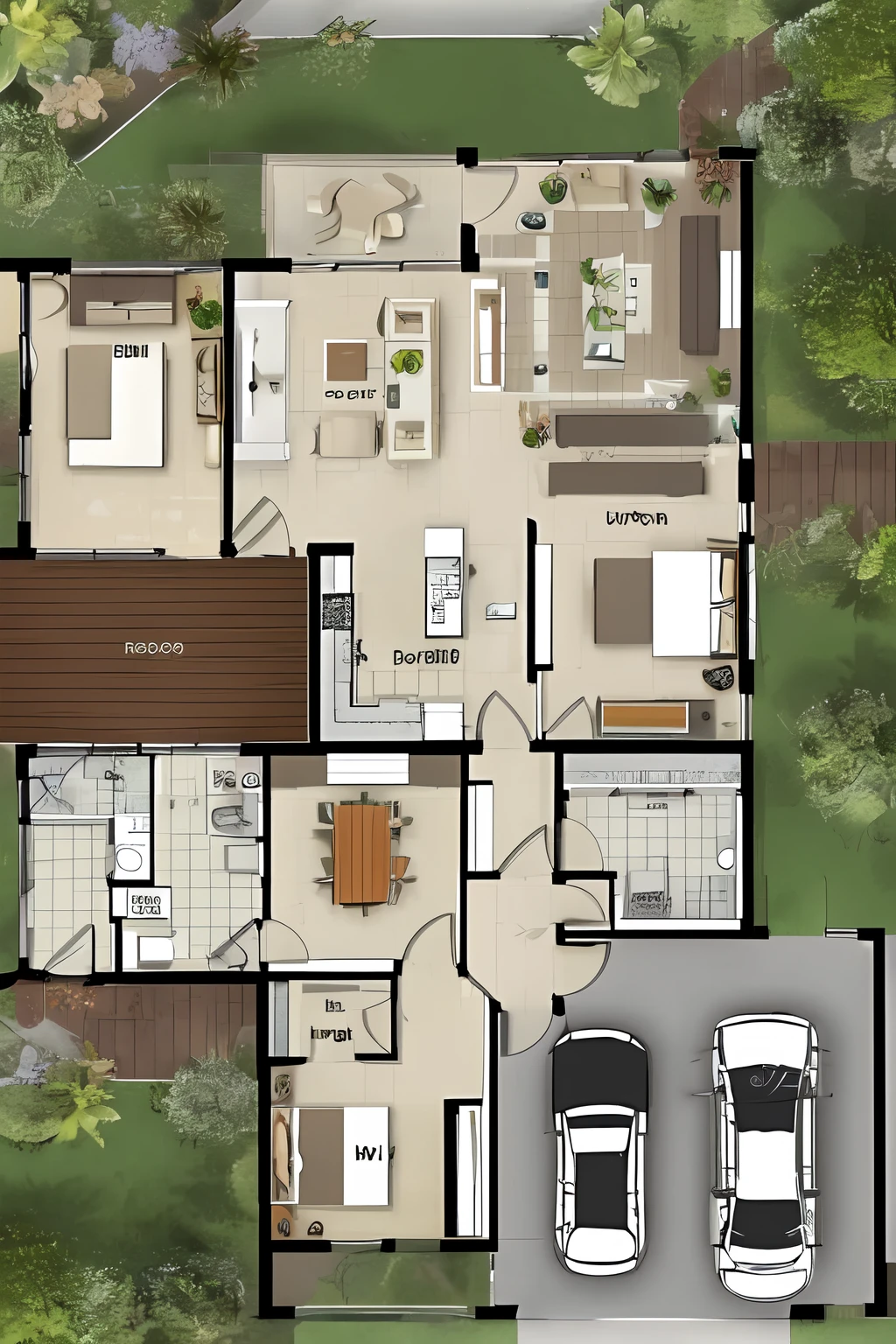 interior plan, {Square 180m2}, Three
bed room, two bath room, one living
room, modern style kitchen, a lot of
trees