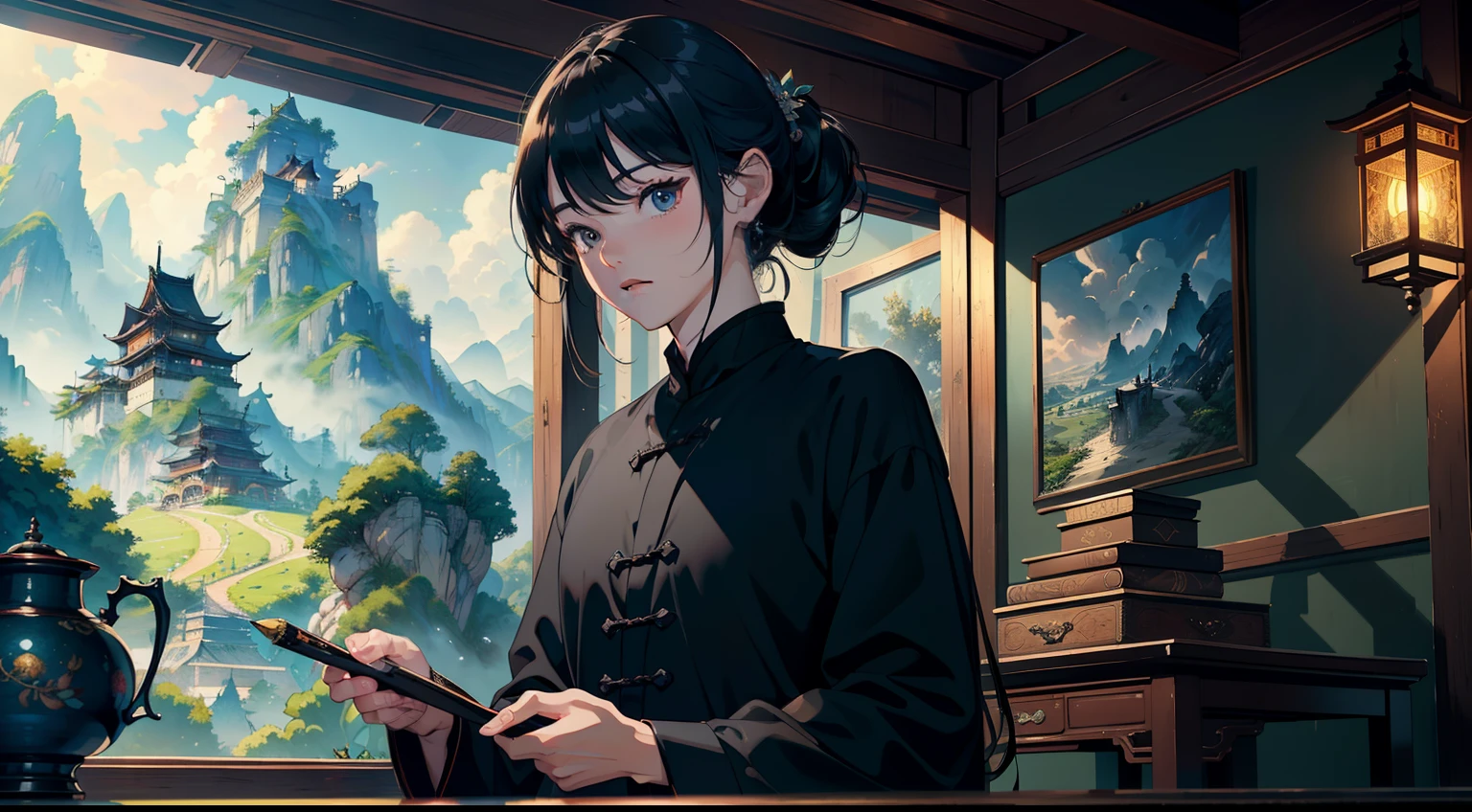 Best quality, masterpiece, illustration, an extremely exquisite and beautiful, extremely detailed, CG, Great Unity, 8K wallpaper, stunning to the extreme, fine details, masterpiece, best quality, official art, extremely detailed Cg unified 8K wallpaper, rural China, (a middle-aged man with black hair and black clothes)
