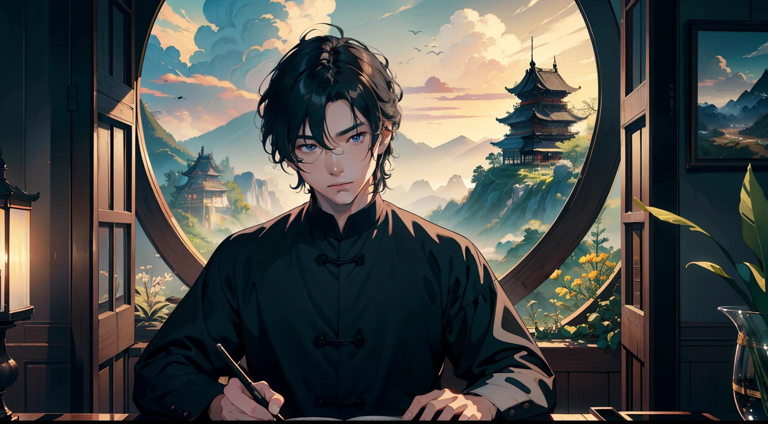 Best quality, masterpiece, illustration, an extremely exquisite and beautiful, extremely detailed, CG, Great Unity, 8K wallpaper, stunning to the extreme, fine details, masterpiece, best quality, official art, extremely detailed Cg unified 8K wallpaper, rural China, (a middle-aged man with black hair and black clothes)