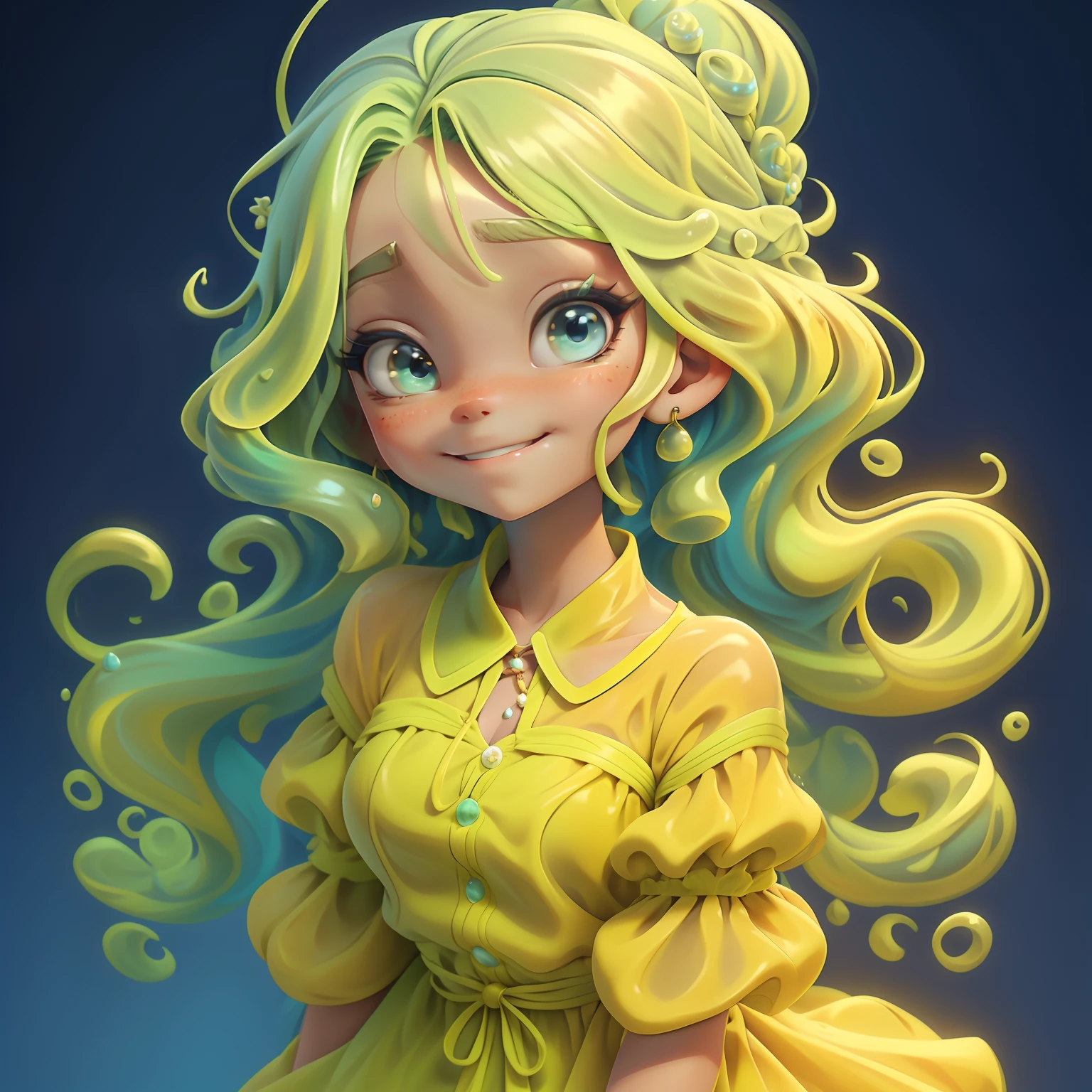 Loli Slime girl, (slime), Slime cabelo Chignon estilo de cabelo, multicolorido, sorriso e olhos delicados, vestido de noite extravagante, fundo simples, Masterpiece, Melhor Qualidade