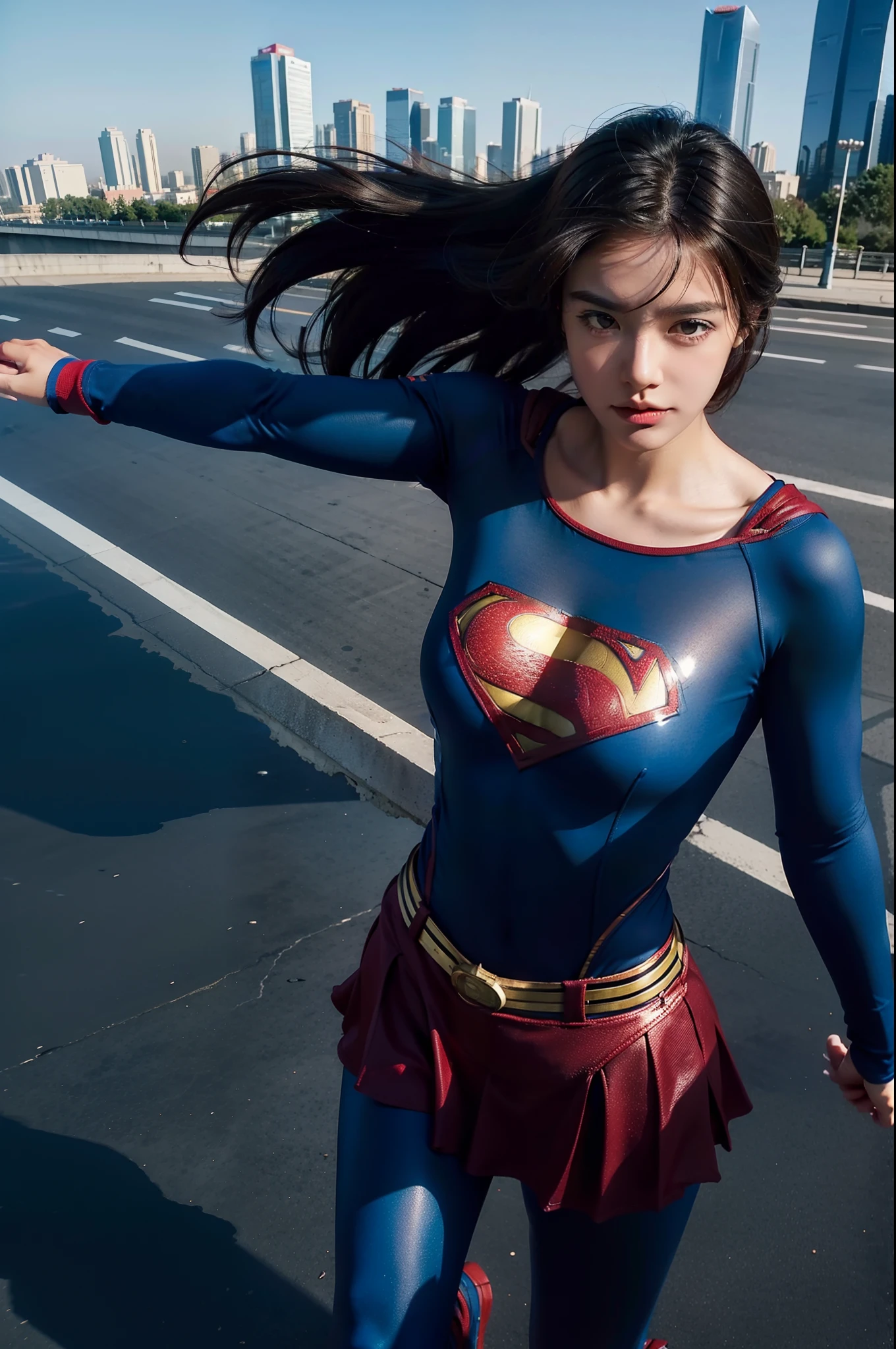 1girl, Super girl clothes, Superman clothes, standing, on top of buildings, wind, hair blowing in the wind, serious, masterpiece, best quality,