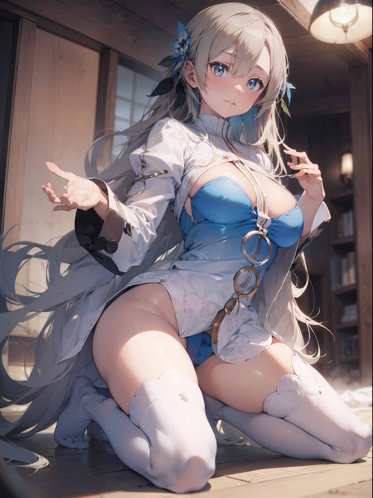 (Enrich the picture,Masterpiece level quality)Beautiful 8K CG artwork,Goddess-like posture,Kneeling exercise,Slim and soft,Translucent skin,White hair、The beauty of extra-long hair, Super Long Straight Hair,The skin is fair and juicy,Underwear uniforms,Perspective Part 1.2x enhanced silhouette effect,Exquisite transparent blues pattern in pajamas,The details are intricate and exquisite,The background is slightly blurred,Charming and ful leg seduction,Drool,Extra-large big sh,Japan goddess,Perfect body slim curves,