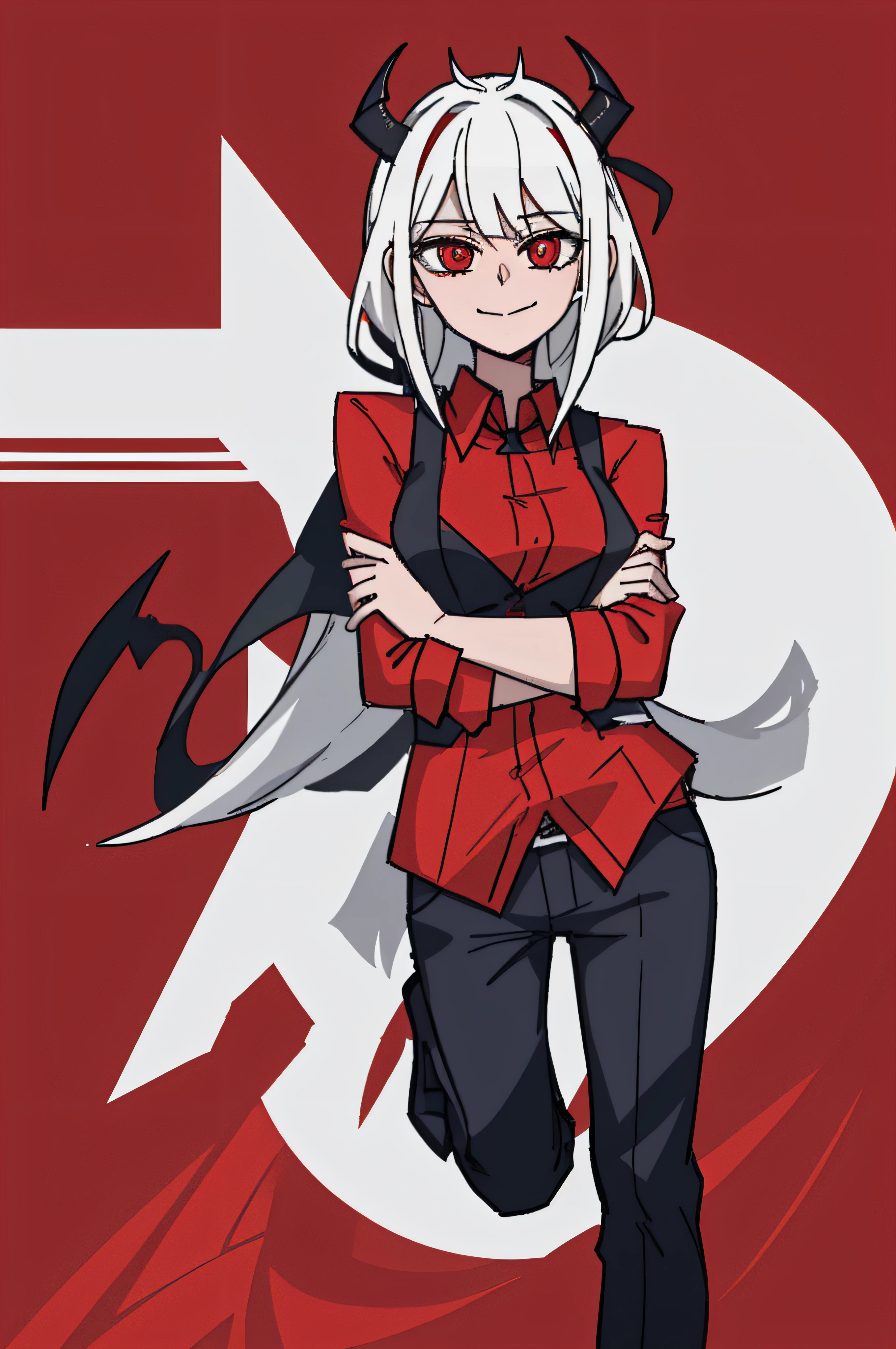 2d, tmasterpiece, beste-Qualit, Highly detailed eyes, Highly detailed face, feet out of frame, 1girl, 独奏, standingn, red background, Helltaker, Lucifer \(Helltaker\), red shirt, black pants, white finish, demon, white colored hair, hairlong, red-eyes, Spiral, looks at the viewer, ssmile, Hand on your own face, straight-on