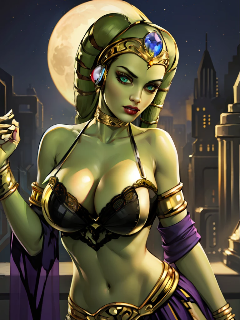 (best quality, masterpiece, highly detailed), 1girl, (green skin), sexy busty Twi'lek, (skindentation, cleavage), looking at viewer, gold and black bikini, gold, ornate metal bra, metal lace, gemstones, jewelry, long skirts, armlets, pelvic curtain, Star Wars, lekku stripes