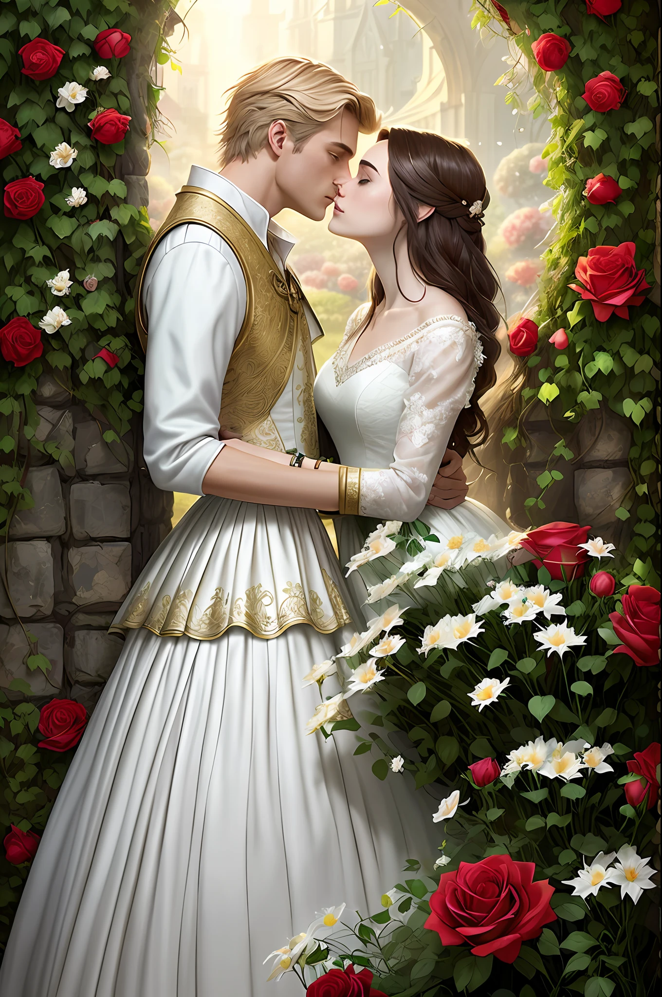 Couple kiss very affectionately, Neels Visser is a prince who has golden blond hair, wears a medieval military outfit and is in love with the commoner Lily Collins, who has curly brunette black hair and wears a red dress, illustration of a romance book cover with a detailed, smooth, bright background filled with flowers covered in ivy and red roses, ornate gown standing in a bed of roses, rim light, dynamic lighting, etherial lighting, ultra detail, concept art, elegant, surreal, art by Lisa Aisato, Greg Hildebrandt, Citemer Liu, Stjepan Sejic, Samyang, Aykut Aydogdu, Justin Gerard, Alphonse Mucha, Artgerm, WLOP, and Greg Rutkowski